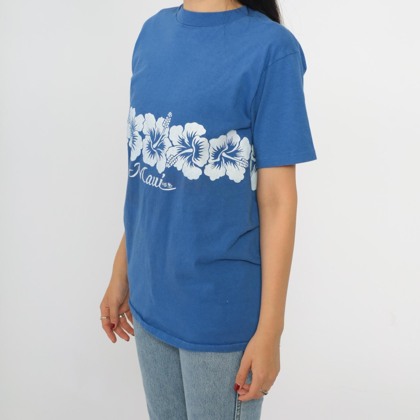 90s Maui Hawaii Hibiscus Graphic T-Shirt Blue Hanes Beefy-T Small