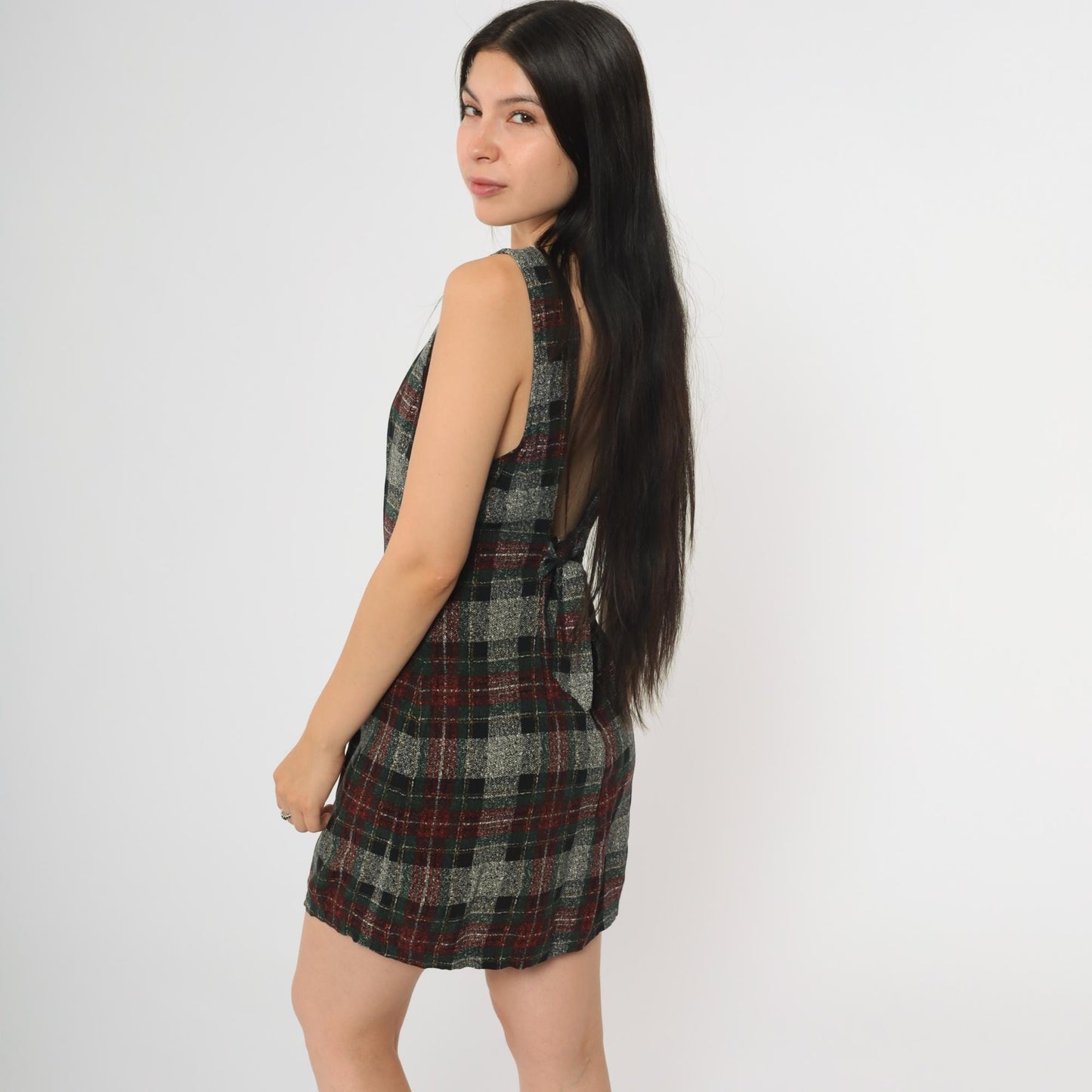 90s Plaid Sheath Dress Backless Grey Checkered Mini Sleeveless Small