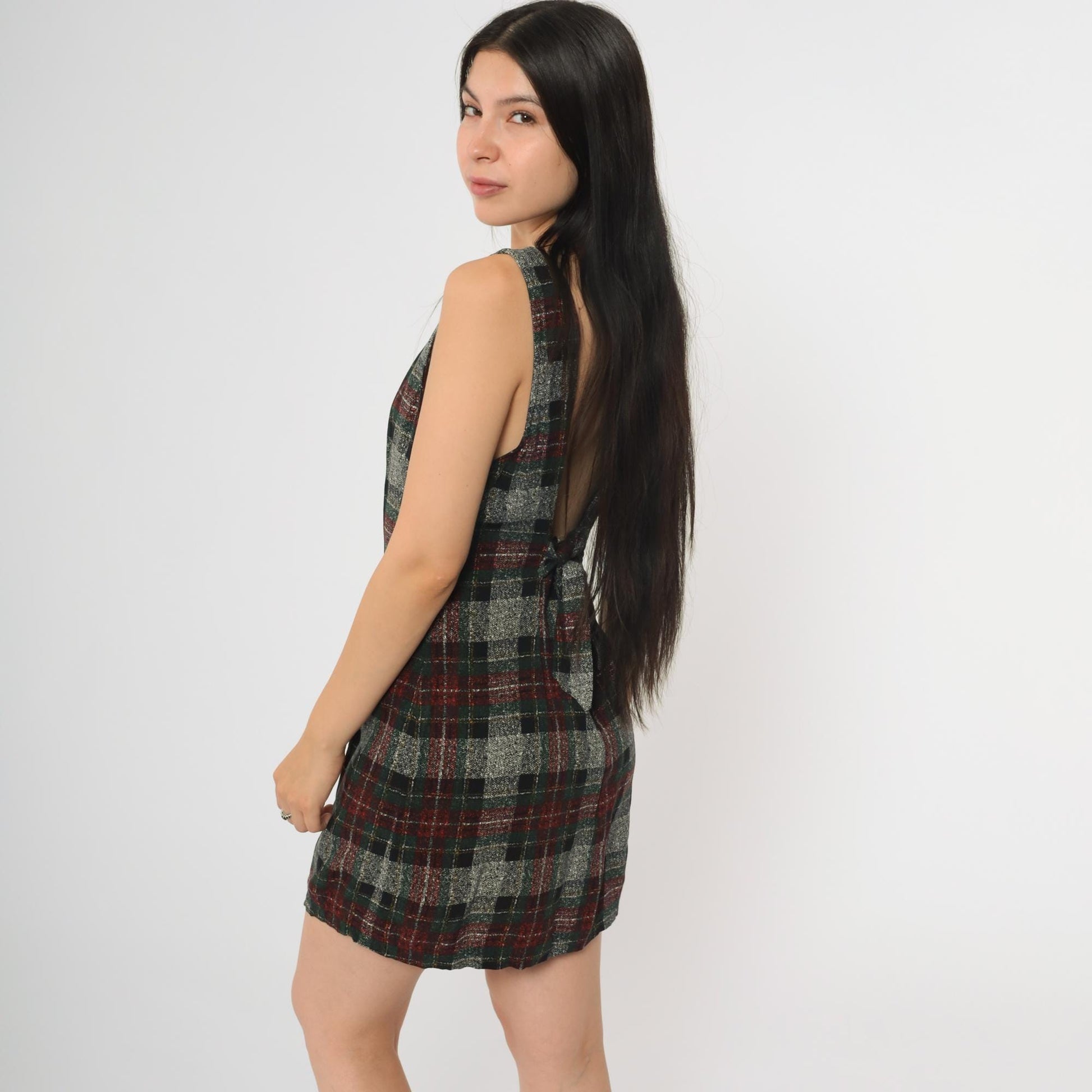 90s Plaid Sheath Dress Backless Grey Checkered Mini Sleeveless Small