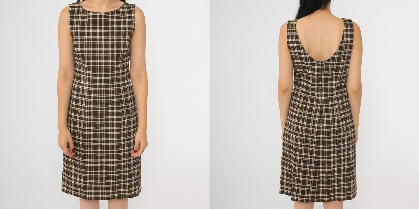 Y2K Brown Plaid Sheath Dress Sleeveless Scoop Back Knee Length Small 5