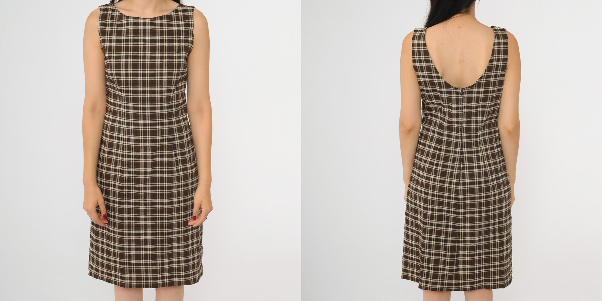 Y2K Brown Plaid Sheath Dress Sleeveless Scoop Back Knee Length Small 5