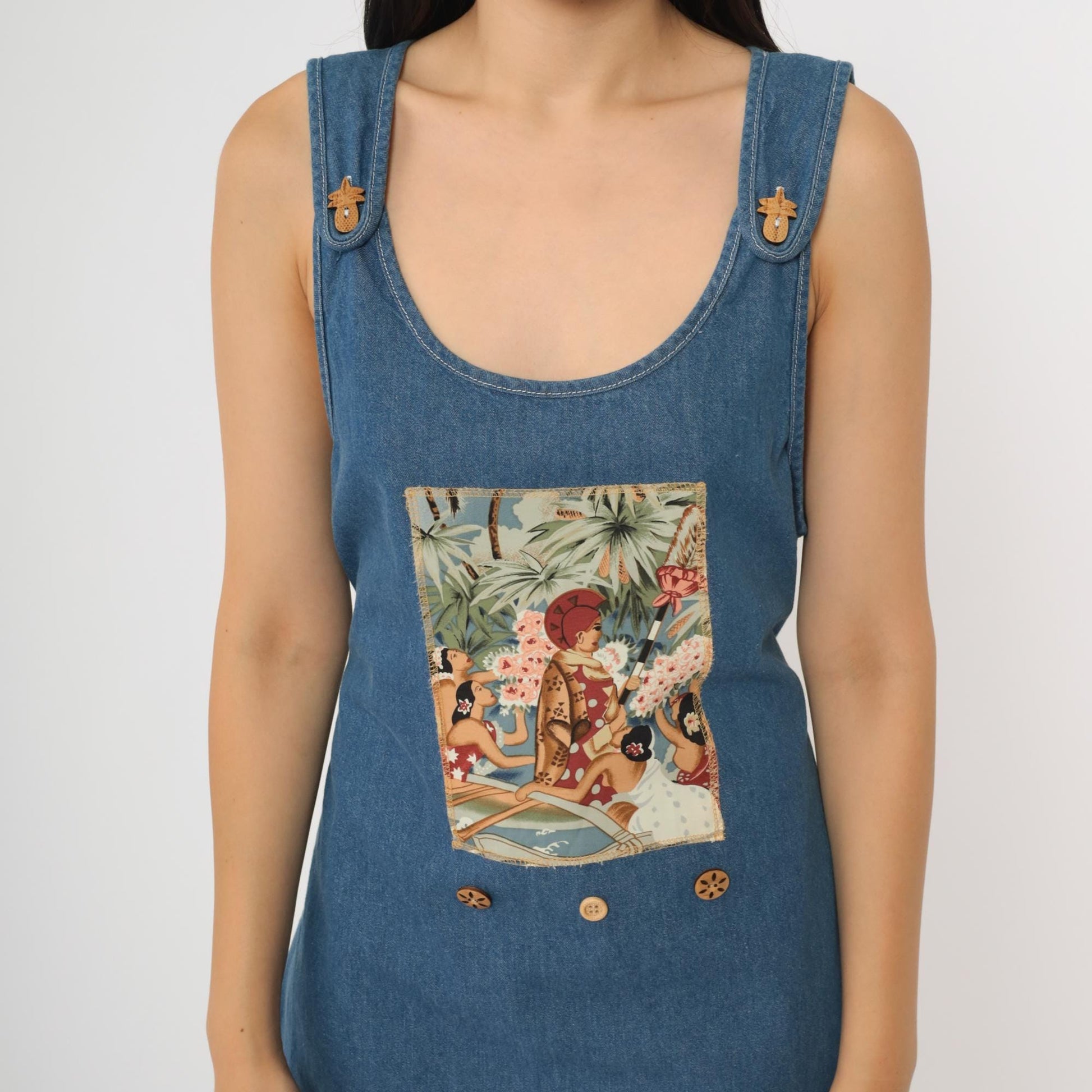 90s Hawaiian Denim Jumper Dress Tropical Print Midi Medium Petite