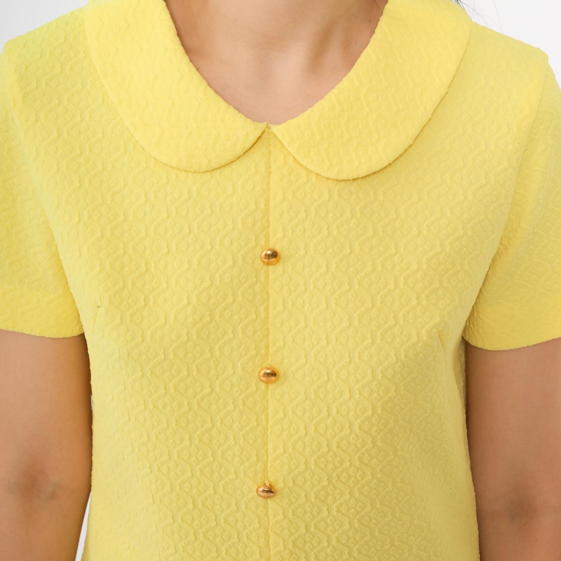 60s Yellow Shift Dress Peter Pan Collar Mini Length Short Sleeve Small