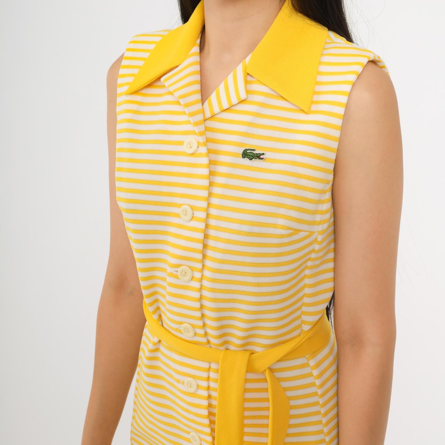 60s Chemise Lacoste Yellow Striped Shift Mini Dress Crocodile Logo Small