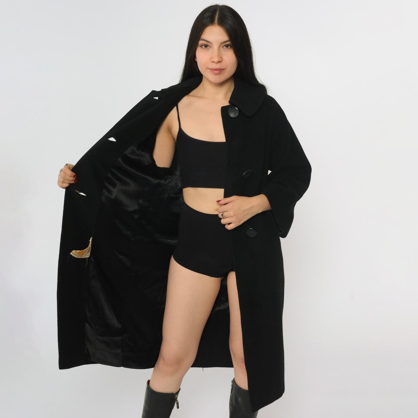 1950s Couture Americana Black Cashmere Swing Coat Midi Small Medium
