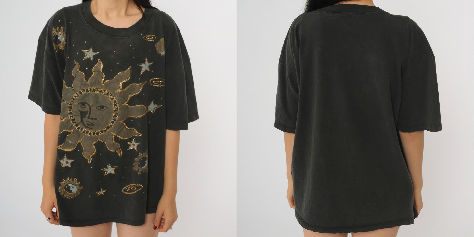 90s Celestial Sun Moon Graphic T-Shirt Metallic Gold Silver Beaded One Size