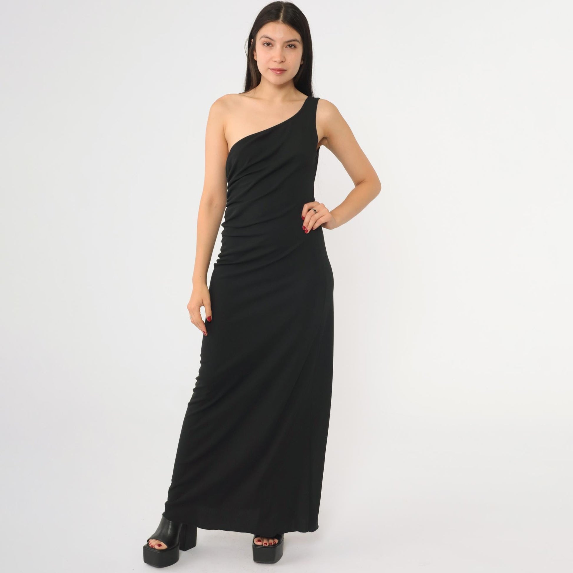 Y2K Black One-Shoulder Maxi Dress White Ruffled Column Bodycon Small