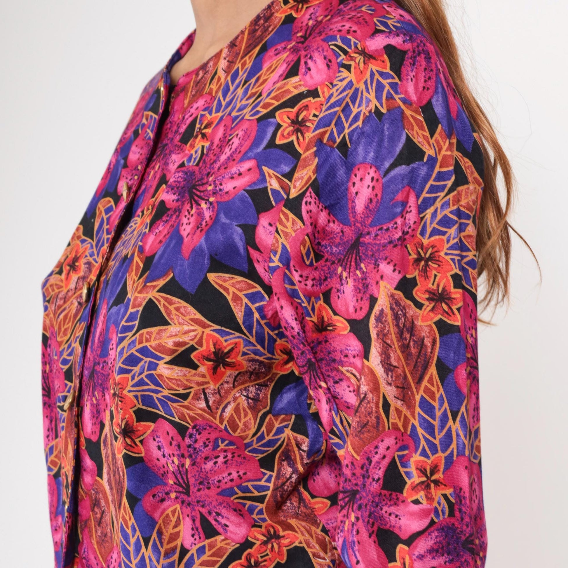 80s Norton McNaughton Tropical Floral Button-Up Blouse Fuchsia Small