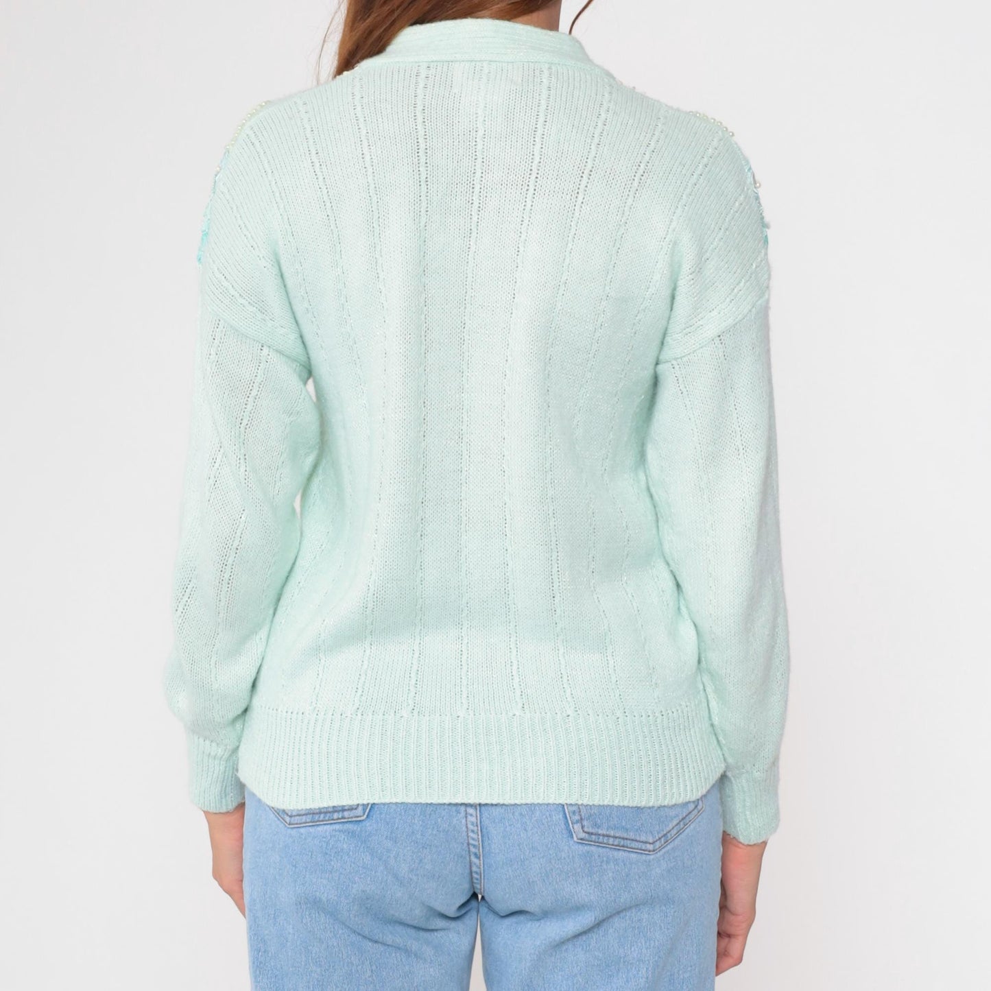 80s Seafoam Pearl Beaded Chevron Sweater Shawl Collar Knit Small