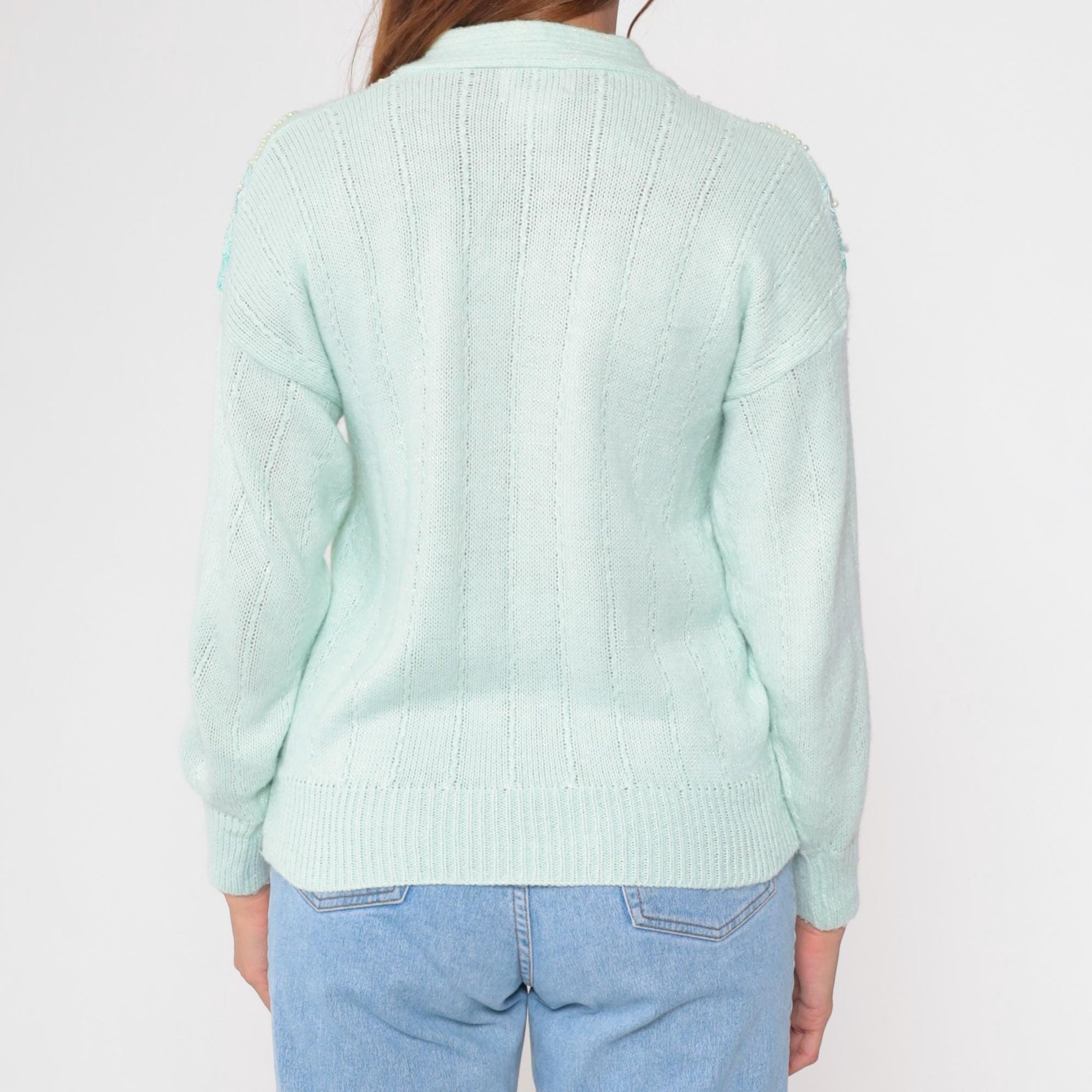 80s Seafoam Pearl Beaded Chevron Sweater Shawl Collar Knit Small