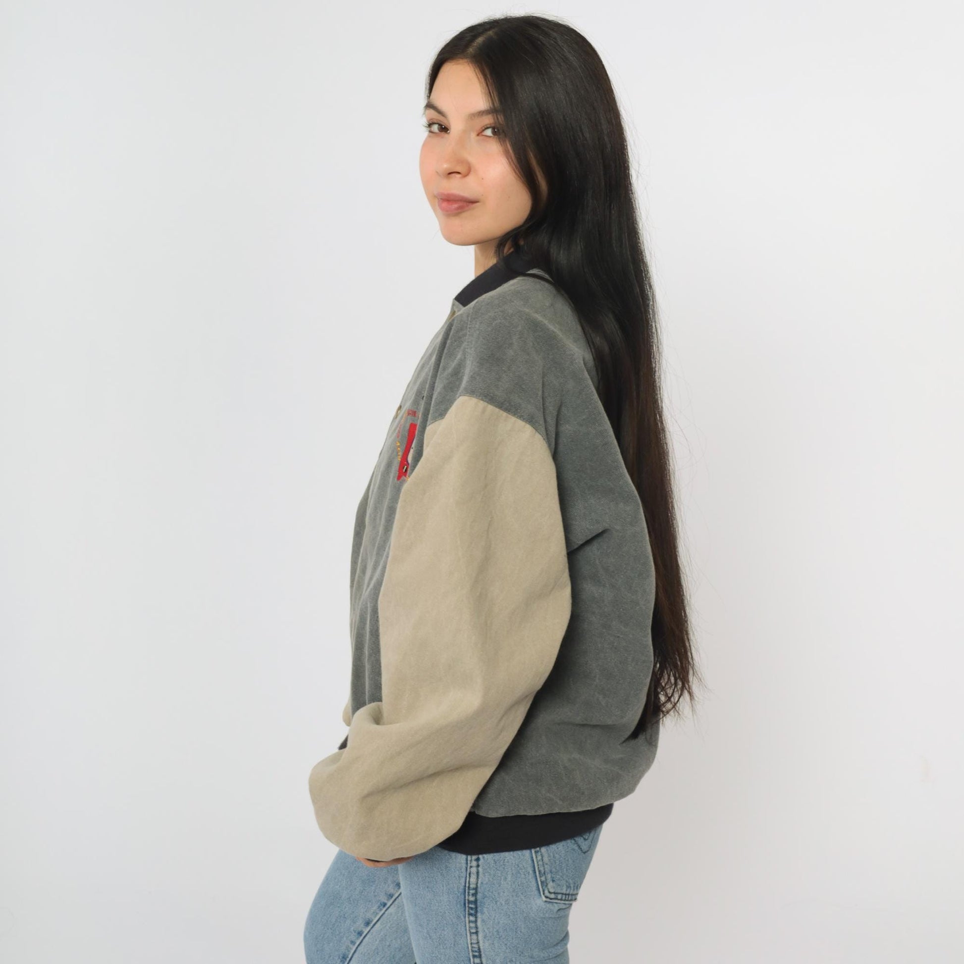 90s Meredith Broadcasting Bomber Jacket Canvas Colorblock Grey Medium