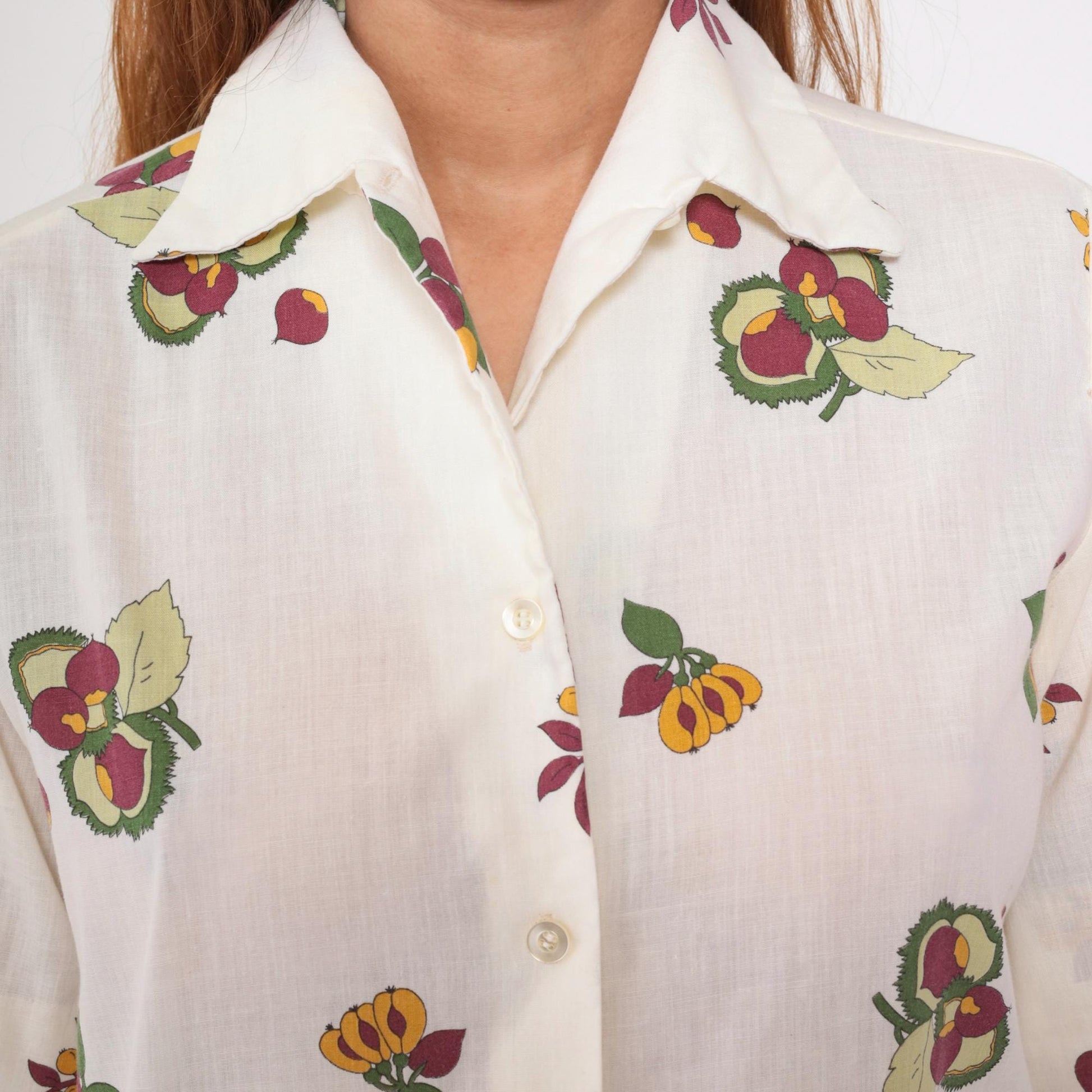 70s Laura Mae Fruit Print Button Up Blouse White Chestnut Medium