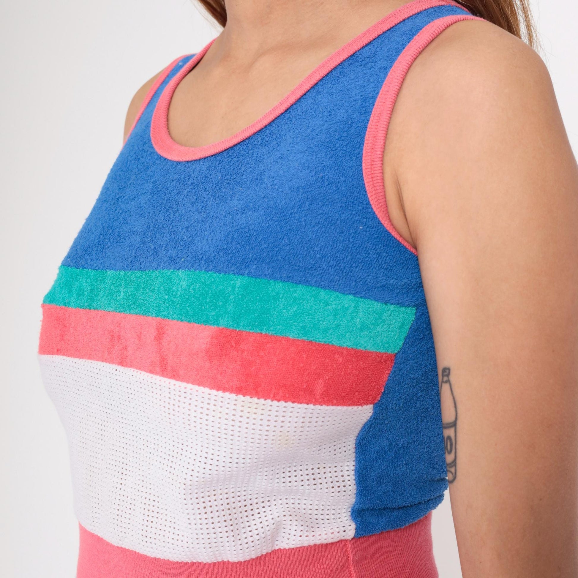 80s Terrycloth Tank Top Striped Blue Coral Mesh Ringer Crop Extra Small