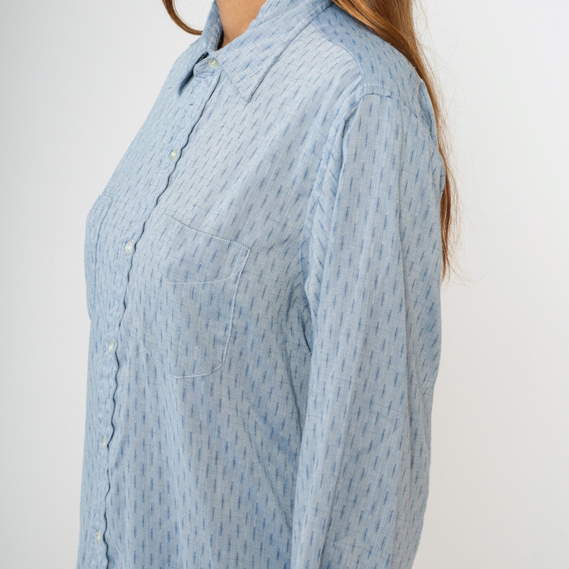 70s Light Blue Dash Stripe Button Down Shirt Cotton Blend Men's Large L