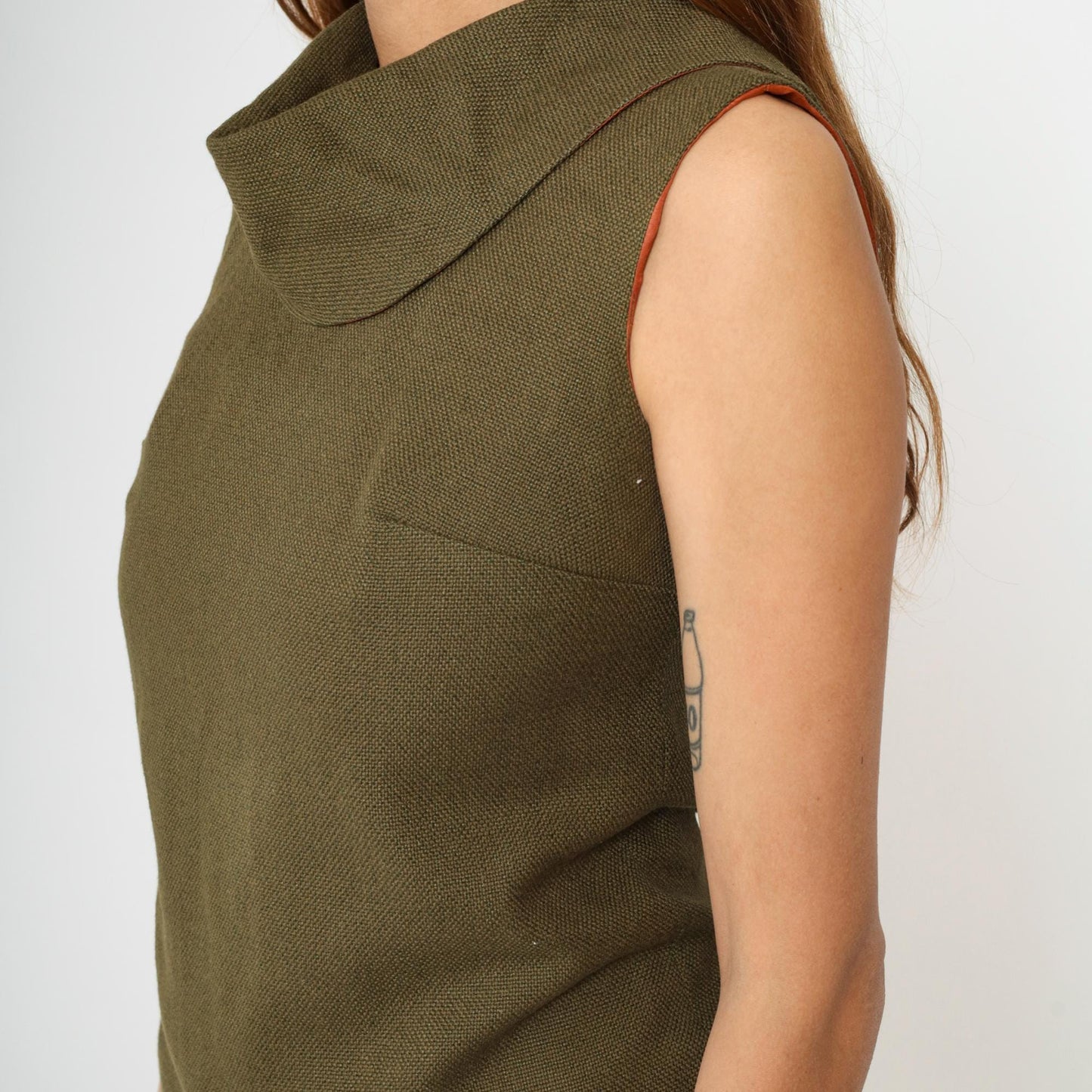 1960s Olive Brown Cowl Neck Sleeveless Woven Blouse Extra Small XS