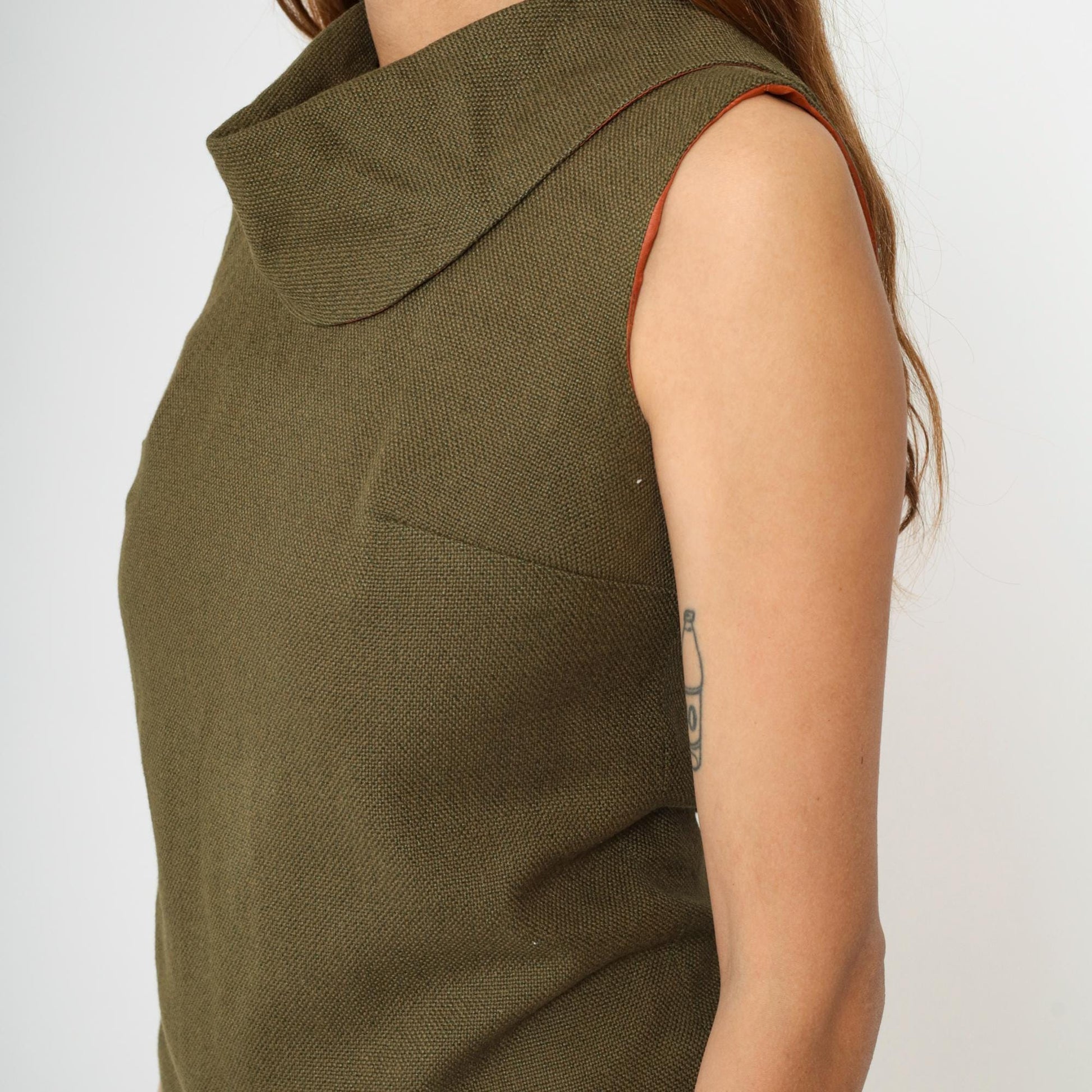 1960s Olive Brown Cowl Neck Sleeveless Woven Blouse Extra Small XS
