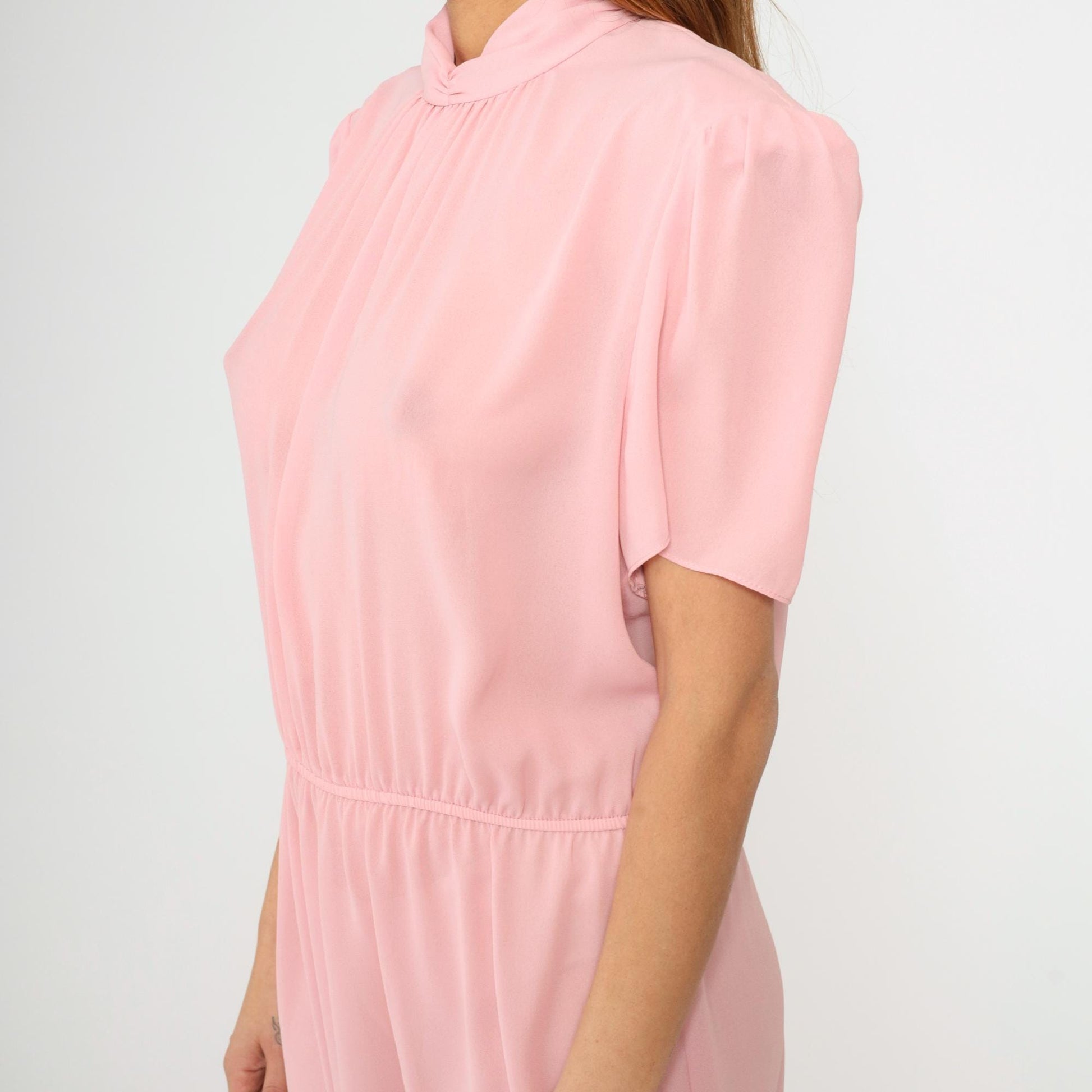 80s Pink Puff Sleeve Midi Dress High Waist Mock Neck Large L