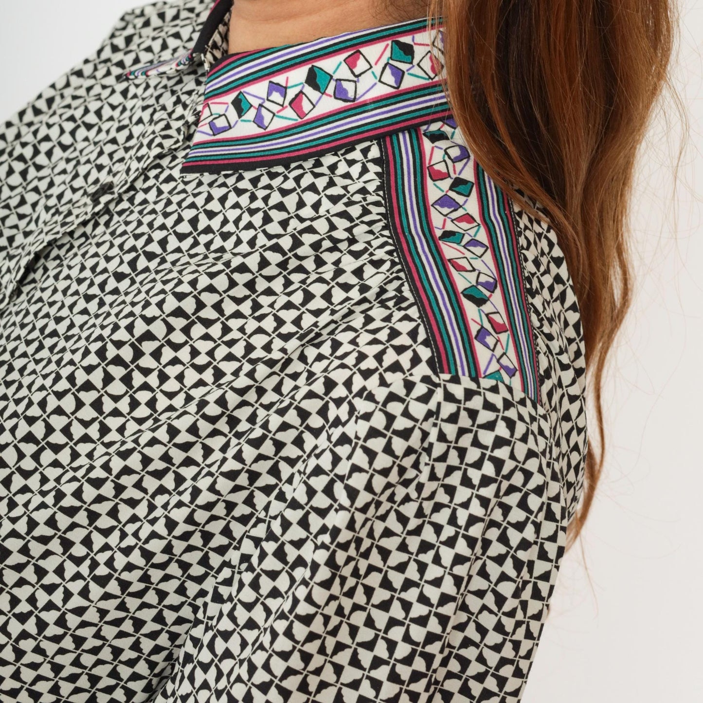 80s Geometric Triangle Tessellation Shirt Dress Black White Mini Medium