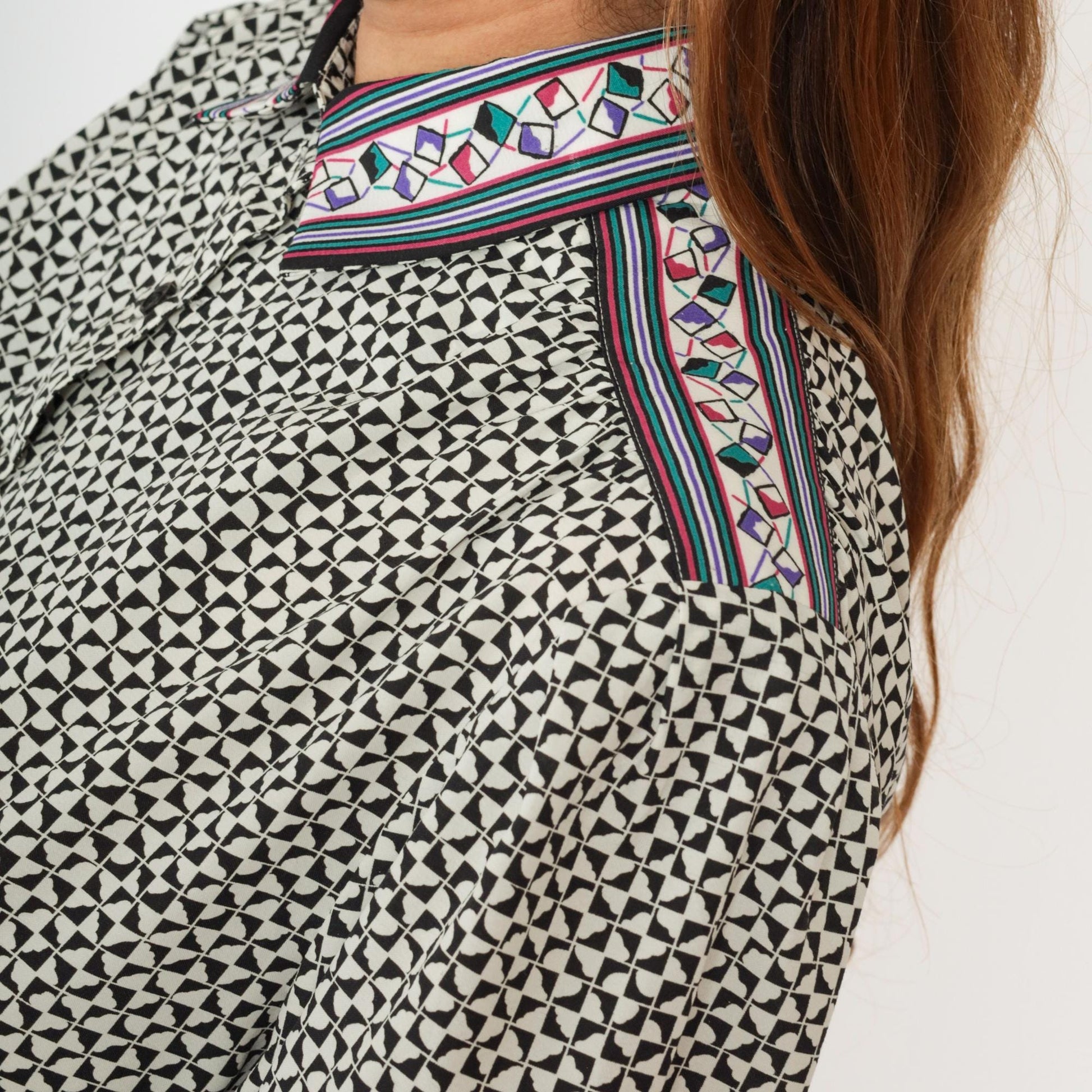 80s Geometric Triangle Tessellation Shirt Dress Black White Mini Medium