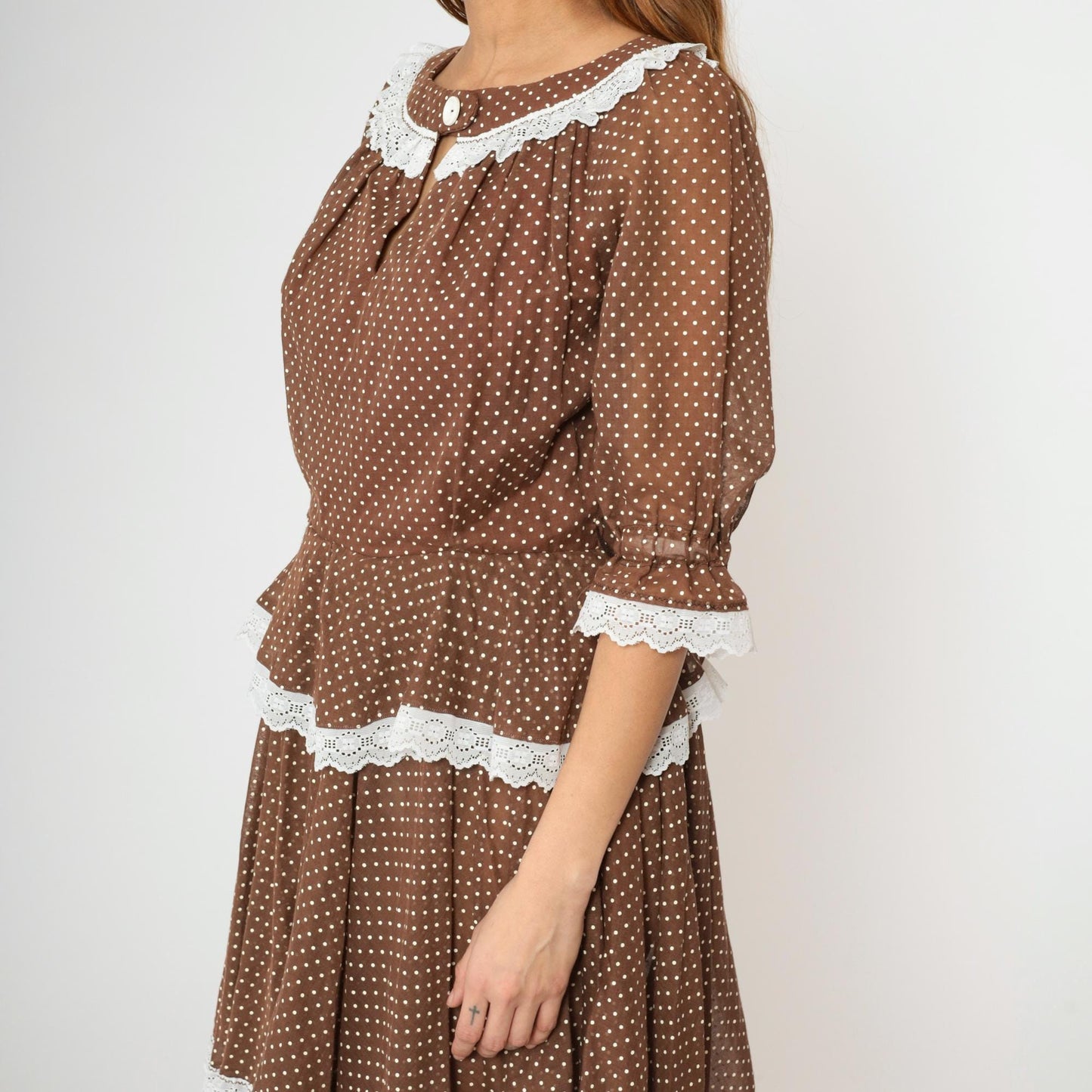 70s Brown Polka Dot Prairie Dress Keyhole Neck Tiered Skirt Medium