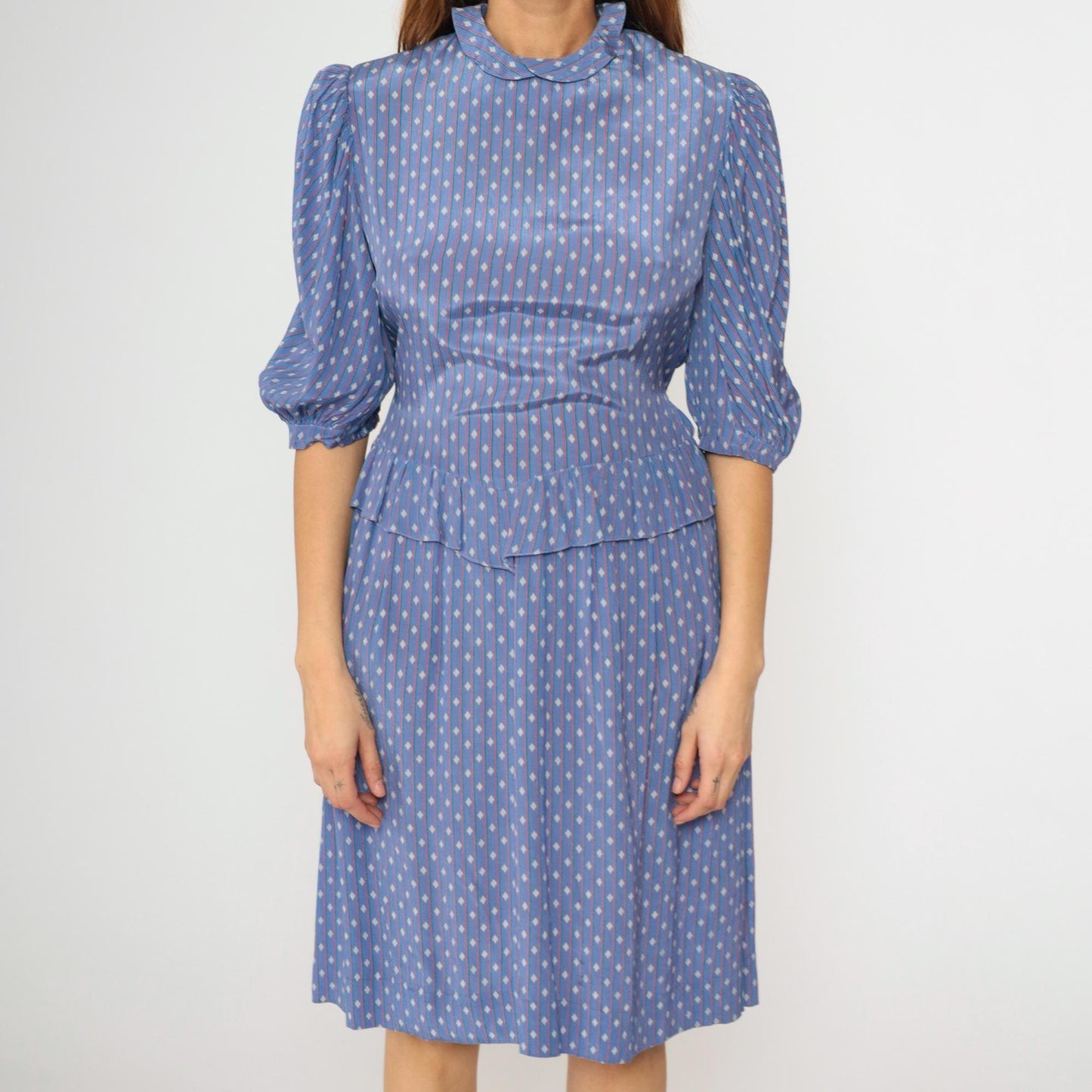 80s Blue Diamond Stripe Midi Dress Peplum Puff Sleeve High Neck Medium M