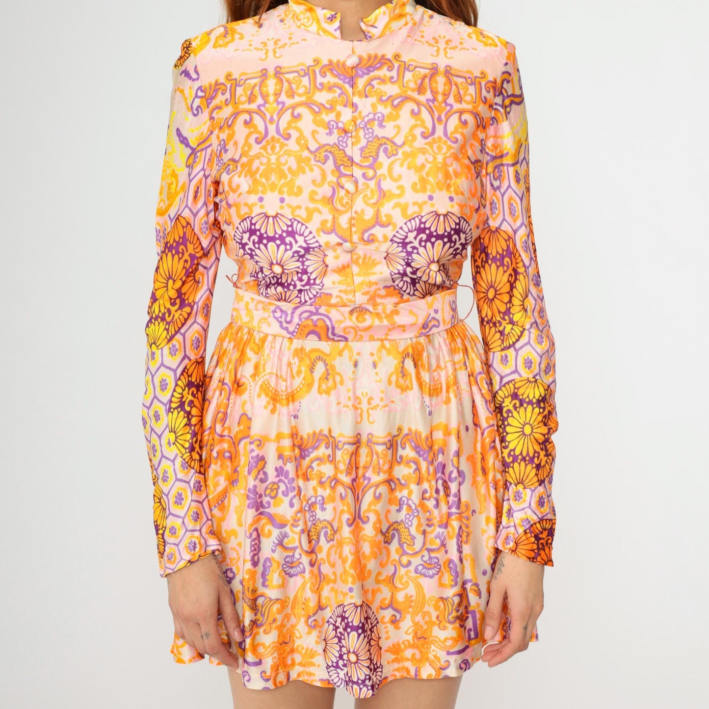 1960s Psychedelic Floral Mini Dress Mandarin Collar Long Sleeve Pink Orange Purple Small