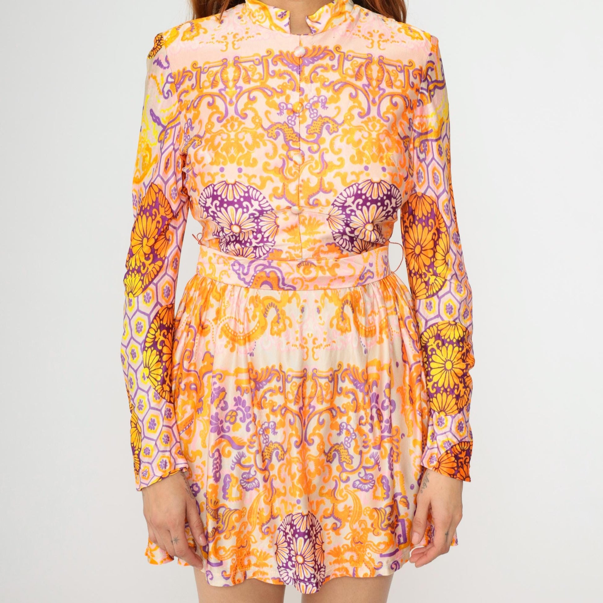 1960s Psychedelic Floral Mini Dress Mandarin Collar Long Sleeve Pink Orange Purple Small