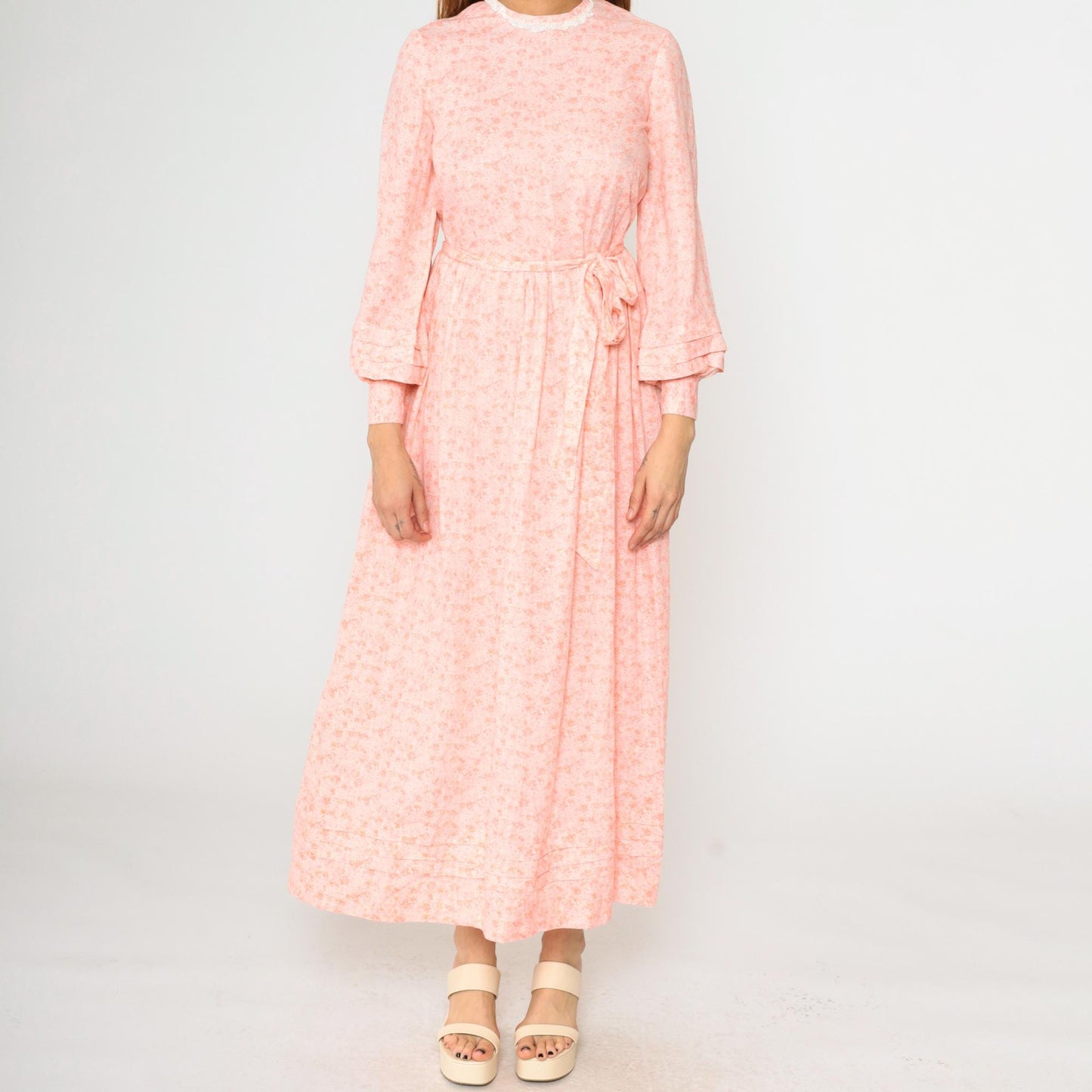 70s Peach Pink Floral Maxi Dress High Waist Long Sleeve Lace Trim Small