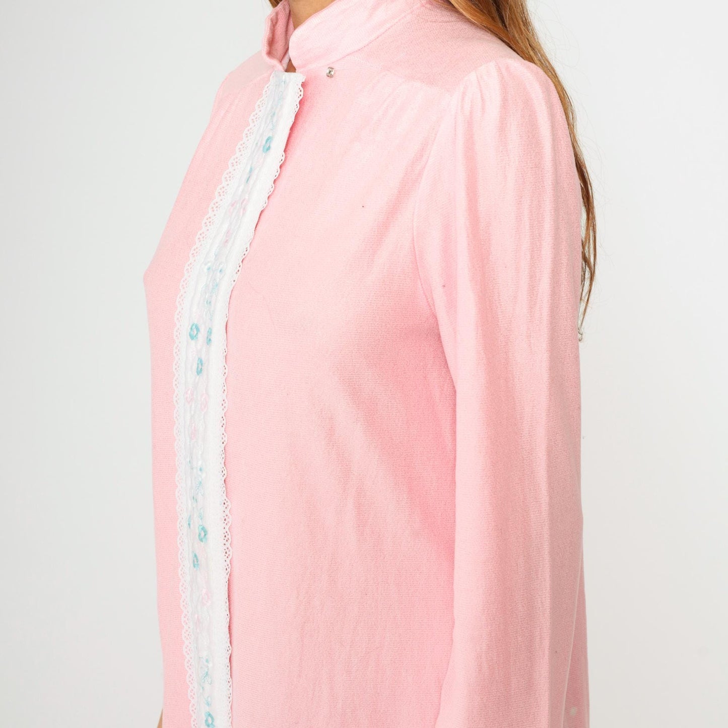 80s Baby Pink Floral Embroidered Nightgown Midi Lace Puff Sleeve Medium M