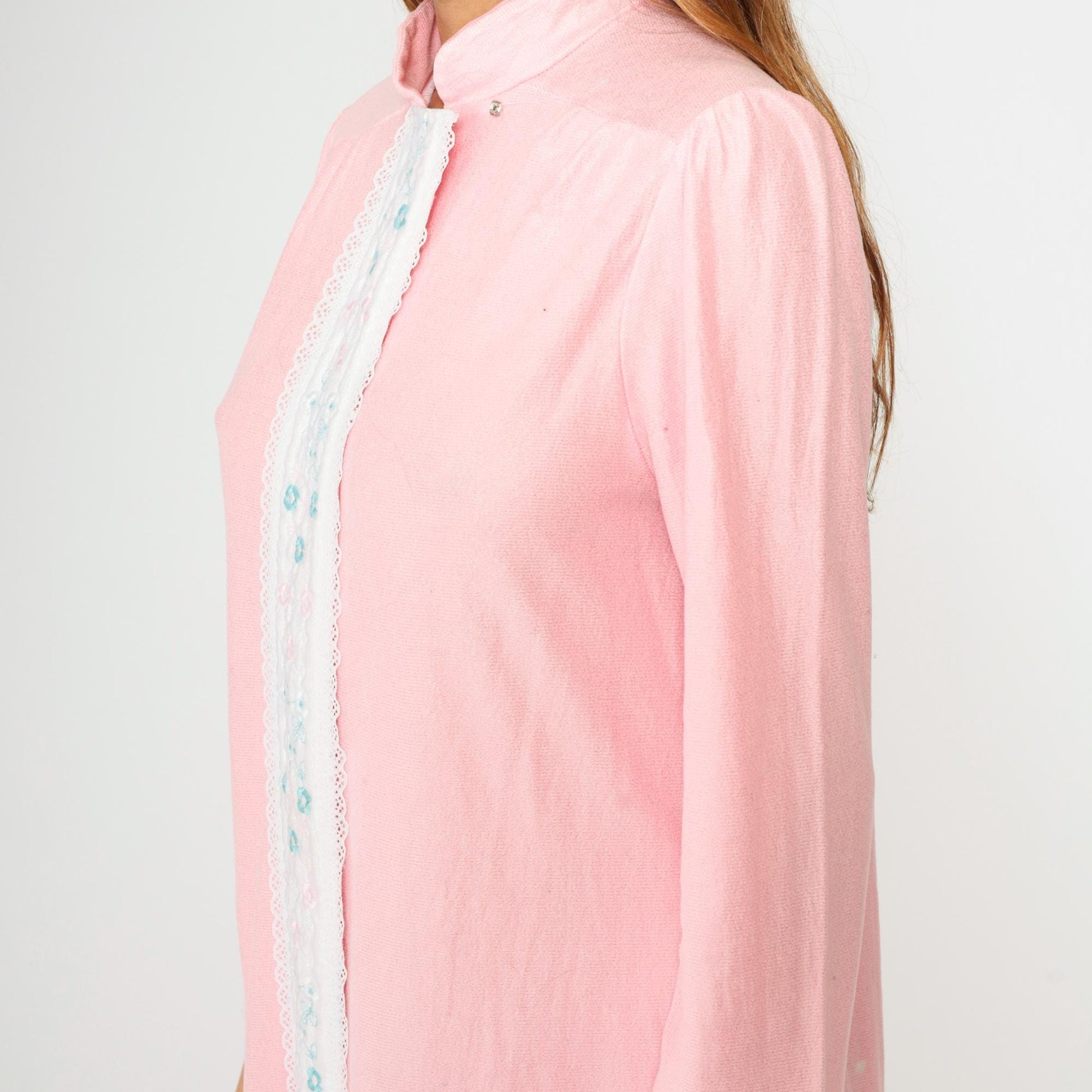 80s Baby Pink Floral Embroidered Nightgown Midi Lace Puff Sleeve Medium M