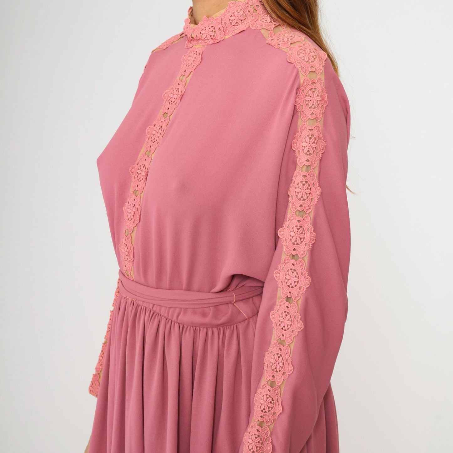 70s Pink Midi Dress Lace Trim Dolman Sleeve High Waisted Belted Medium