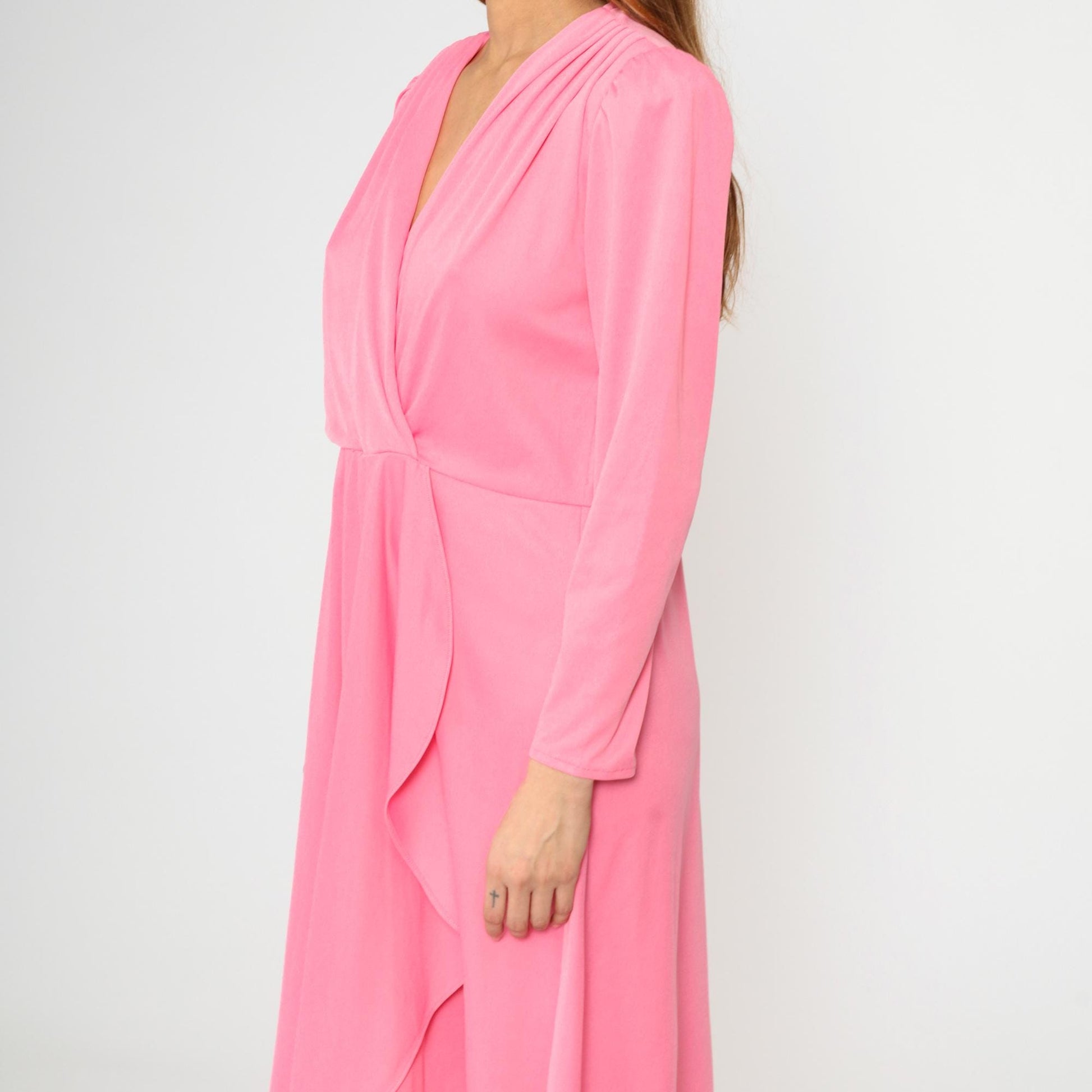 80s Pink Faux Wrap Midi Dress Deep V Puff Sleeve High Waist Extra Large