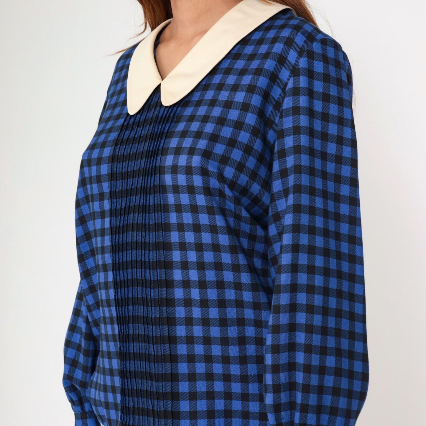 80s Albert Nipon Checkered Blouse Blue Black Gingham Cream Collar Medium