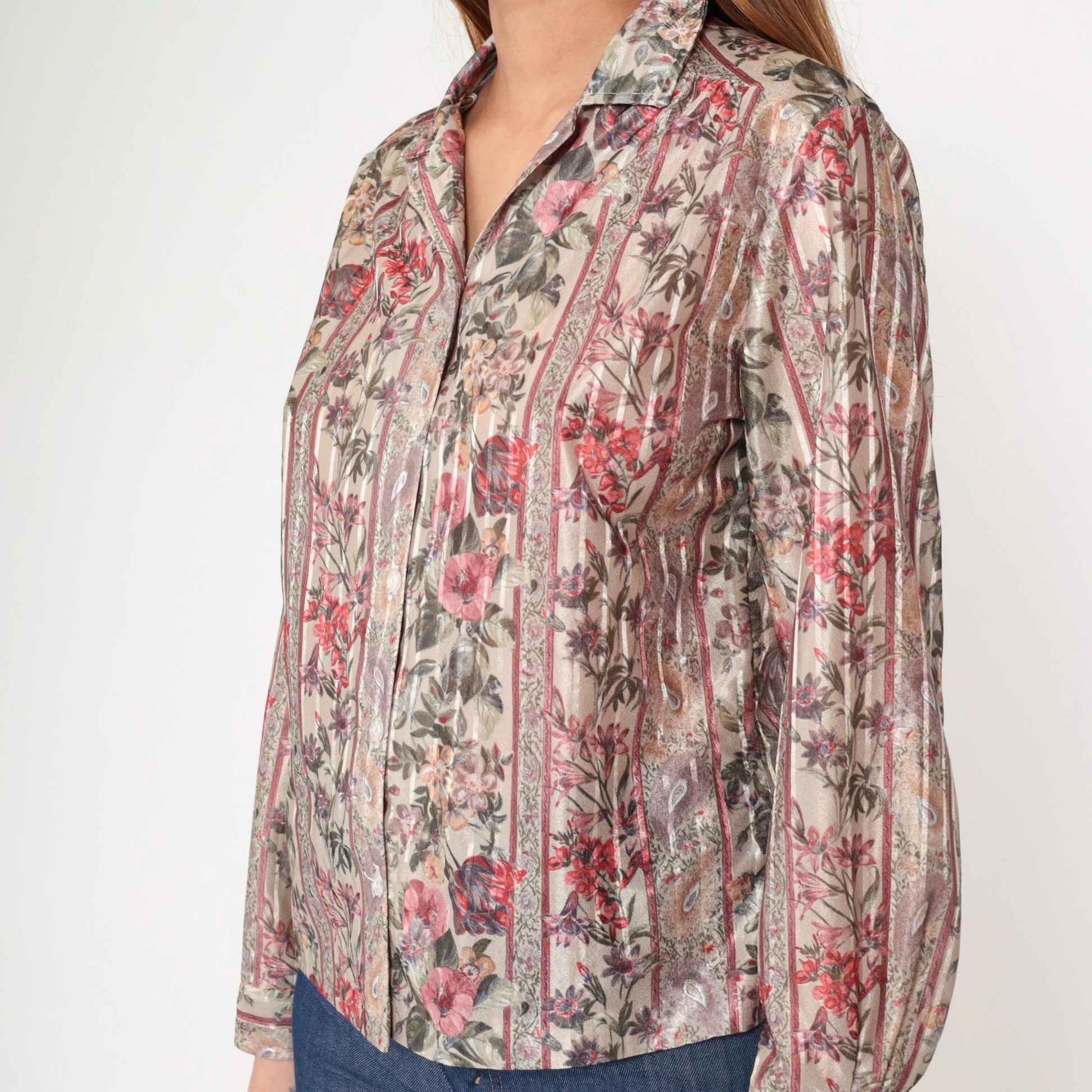 80s Beverley of California Striped Floral Button-Up Blouse Beige Red Medium