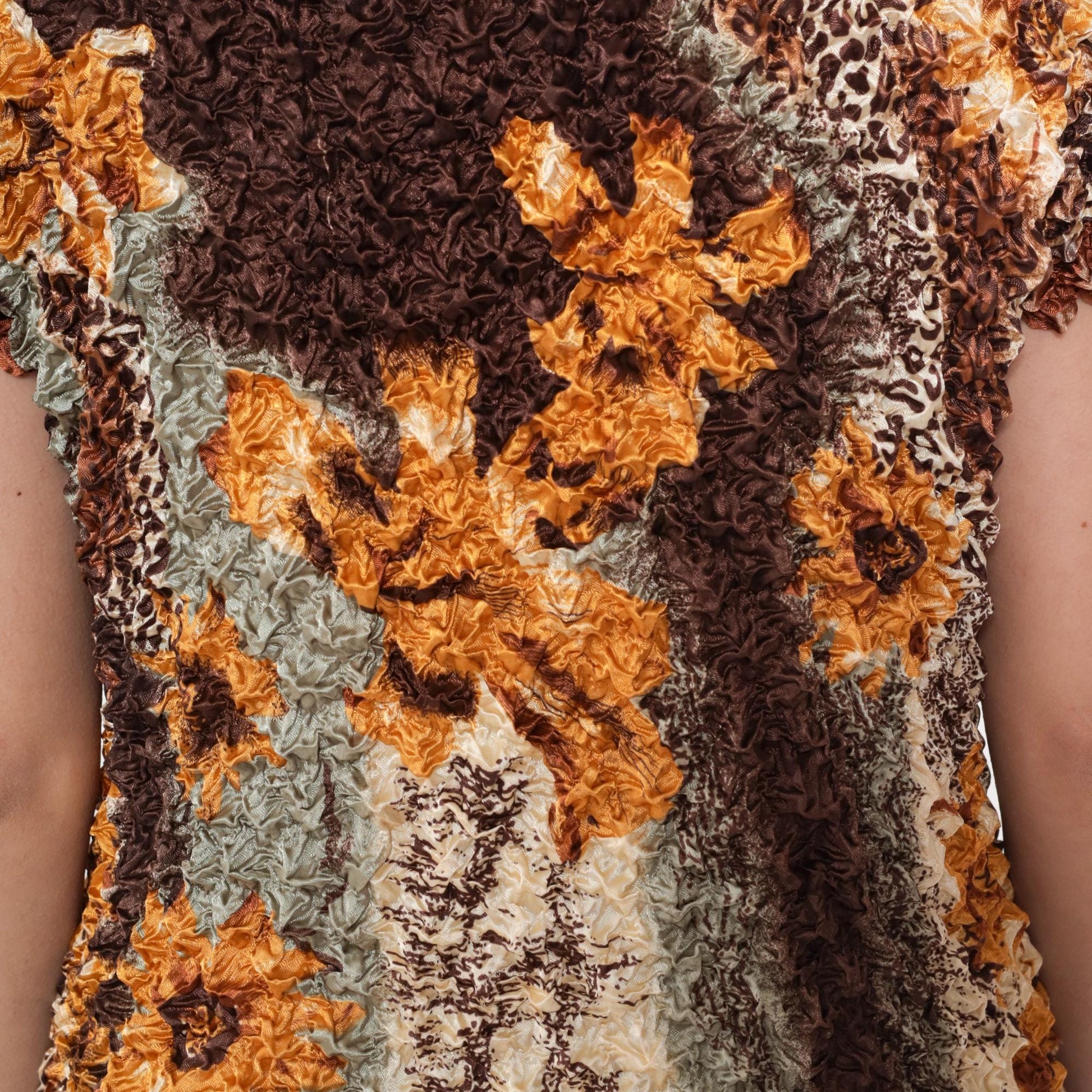 Y2K Popcorn Blouse Floral Leopard Print Brown Textured Short Sleeve Small Medium