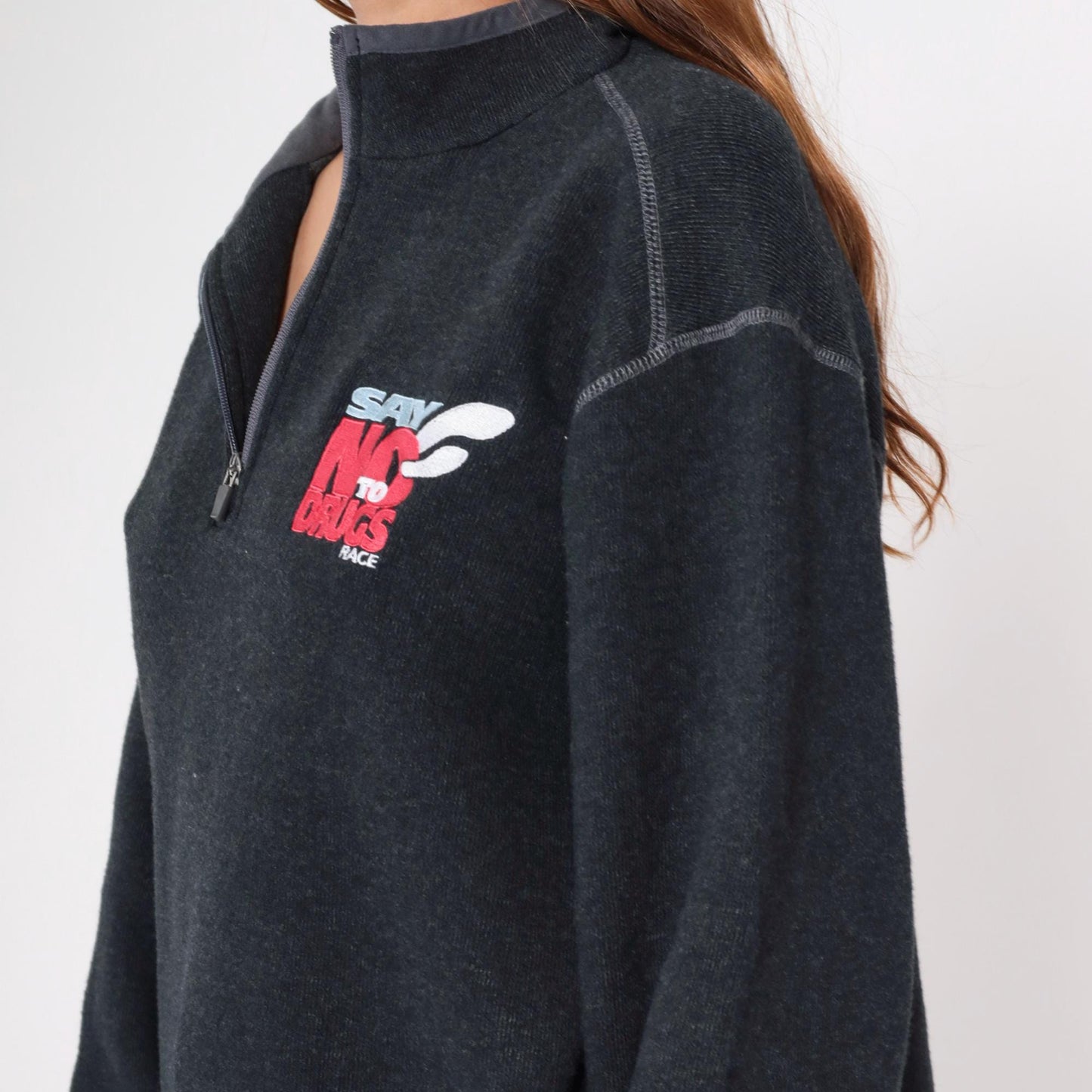00s Say No To Drugs Race Quarter Zip Sweater Charcoal Grey Knit Large L