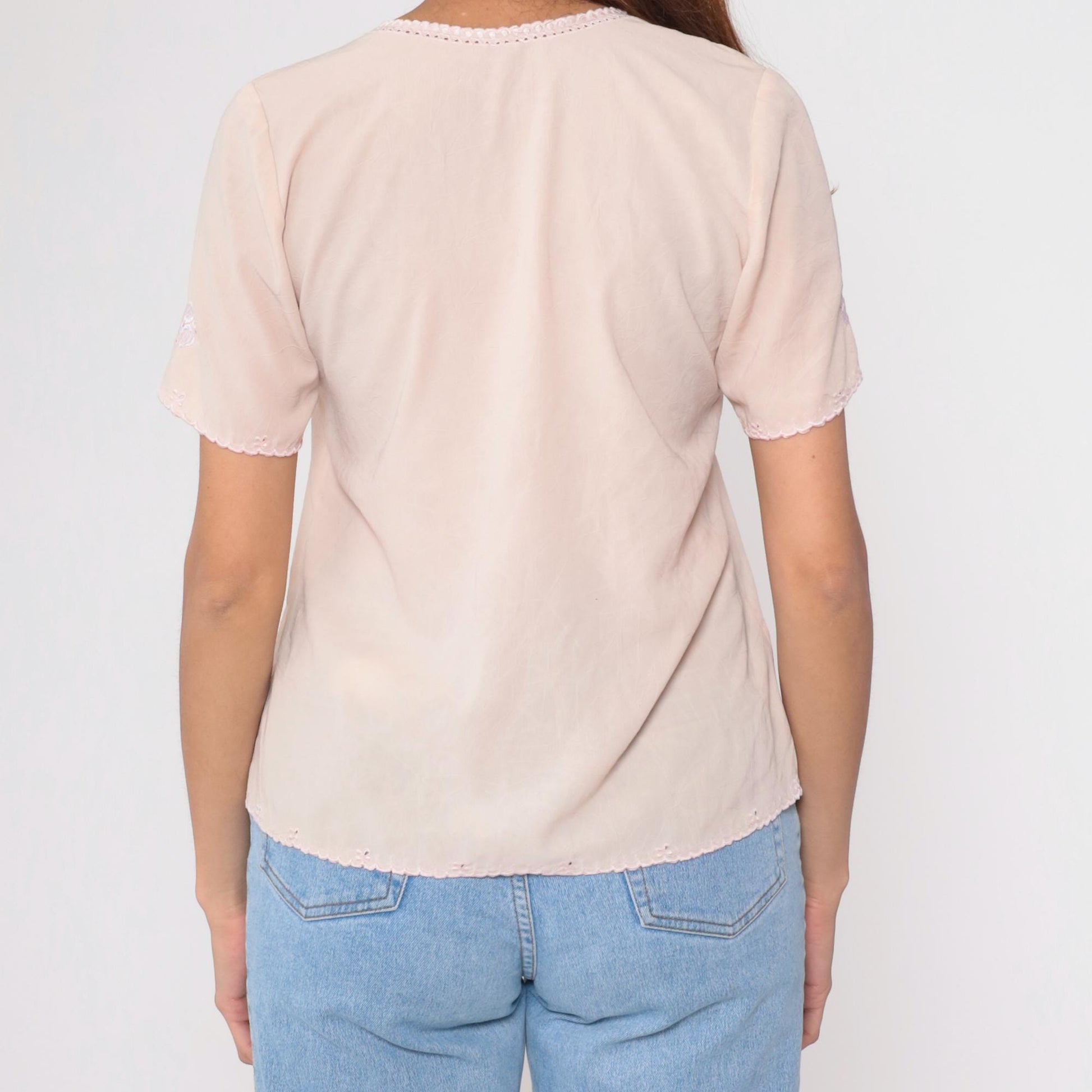 80s Baby Pink Floral Embroidered Cutout Blouse Small S