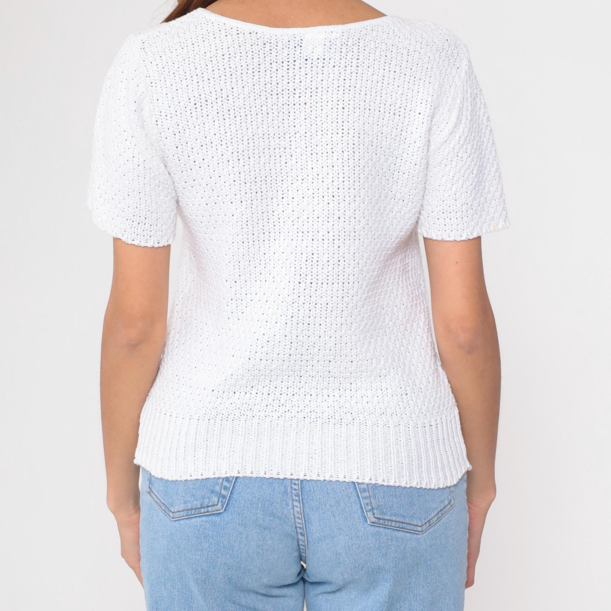 80s Yarn Spinners Cable Knit Sweater Top White Cotton Short Sleeve Extra Small