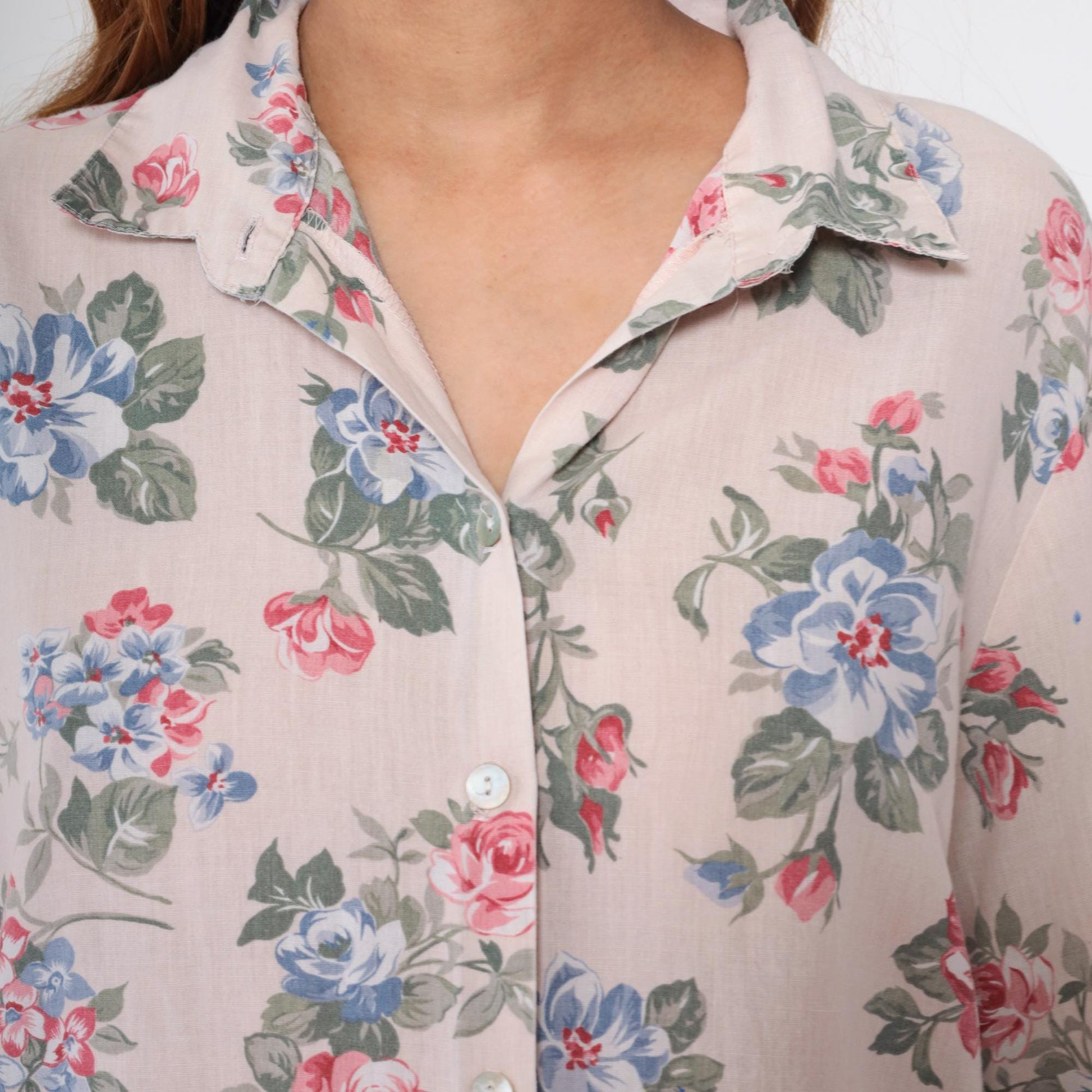 90s Beige Floral Button-Up Blouse Roll Tab Sleeve Flower Print Extra Large XL