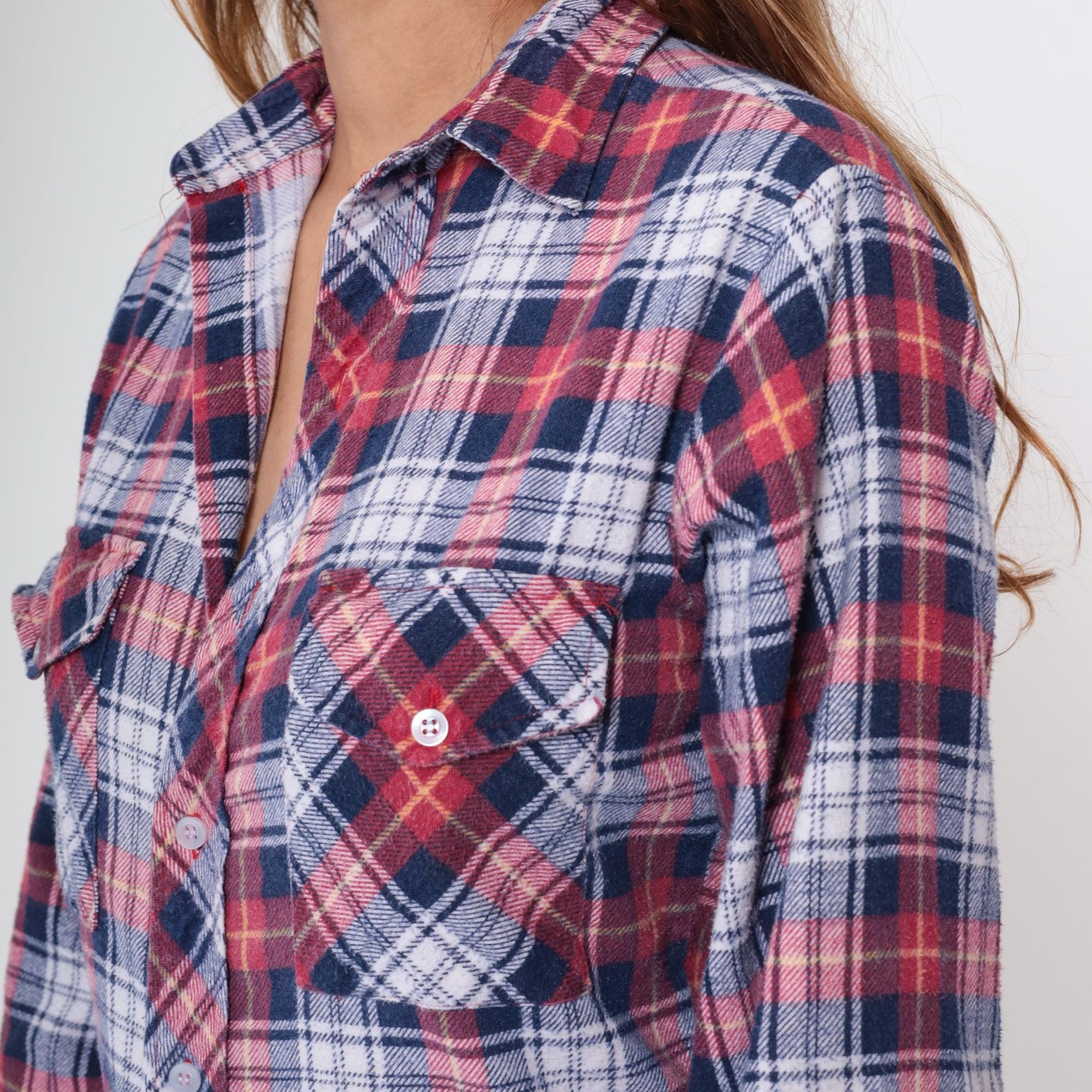 80s Red White Blue Plaid Flannel Button-Up Shirt Small S