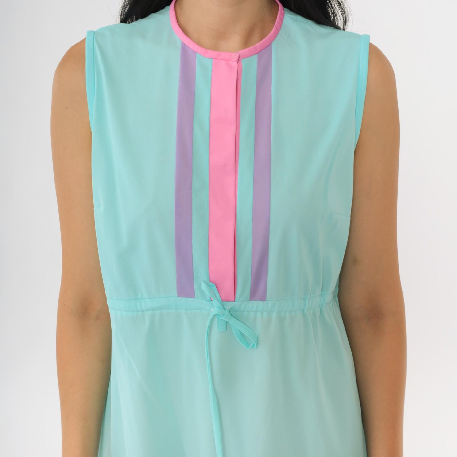 70s Aqua Striped Nylon Nightgown Mini Sleeveless High Waist Medium