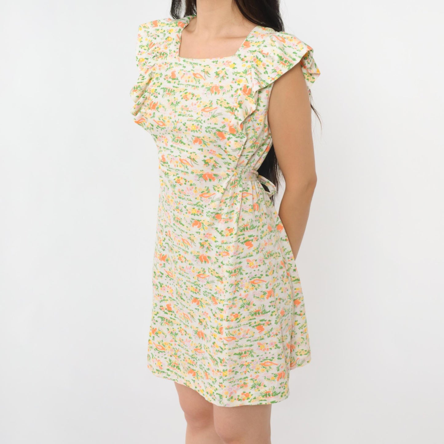 70s Animal Print Mini Shift Dress Novelty Rabbits Squirrels Birds White Medium
