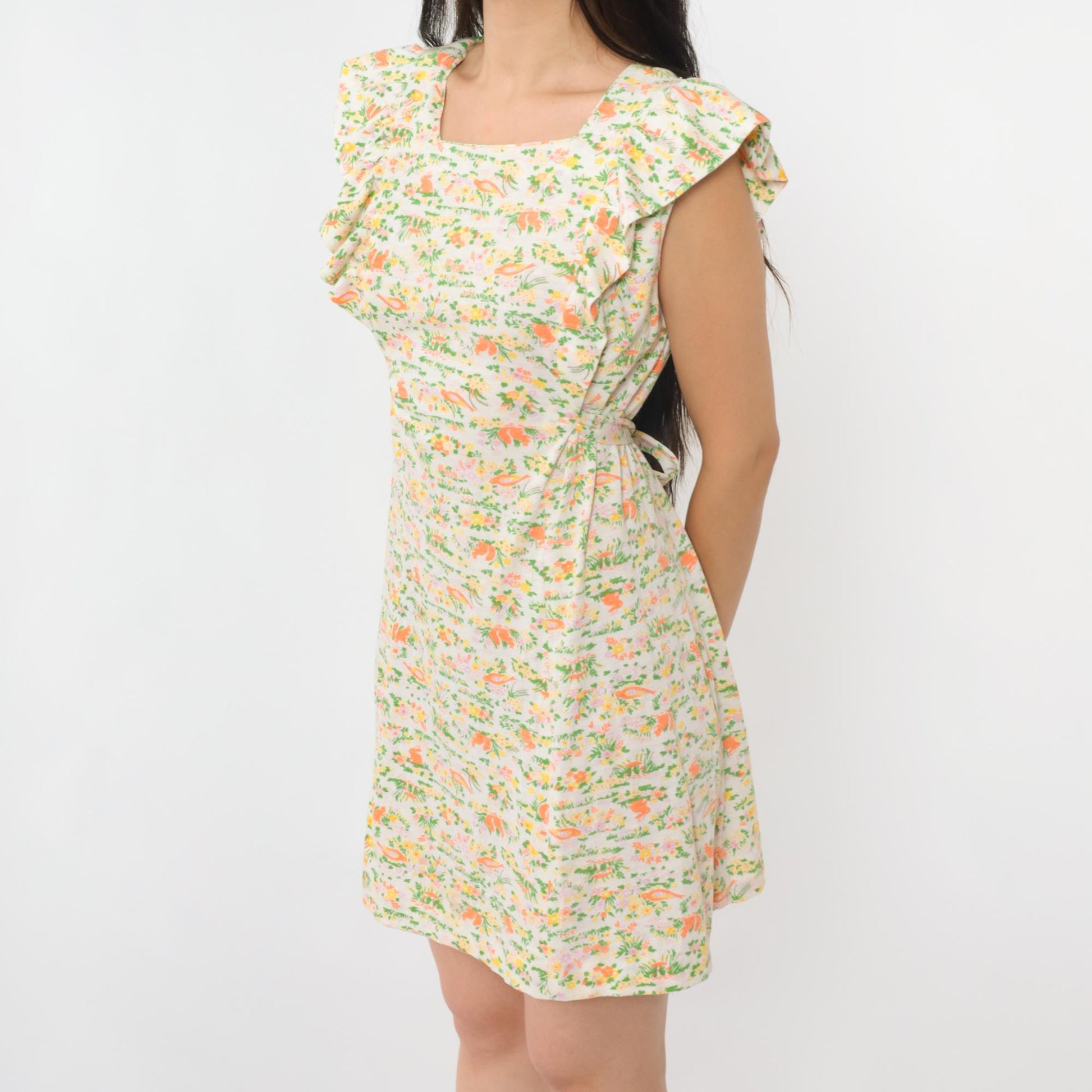 70s Animal Print Mini Shift Dress Novelty Rabbits Squirrels Birds White Medium