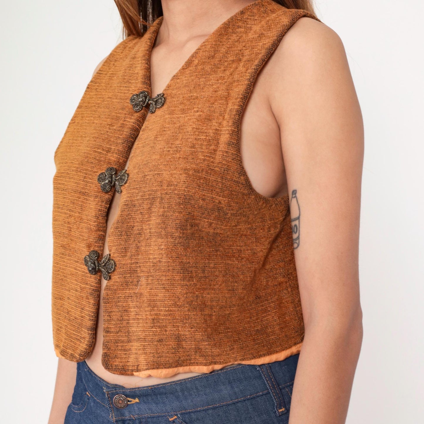 90s Burnt Orange Frog Closure Cropped Vest Woven Chinese Knot Medium