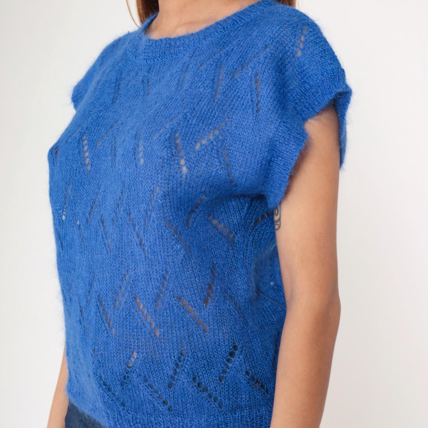80s Jeanne Pierre Mohair Pointelle Sweater Top Royal Blue Cap Sleeve Small