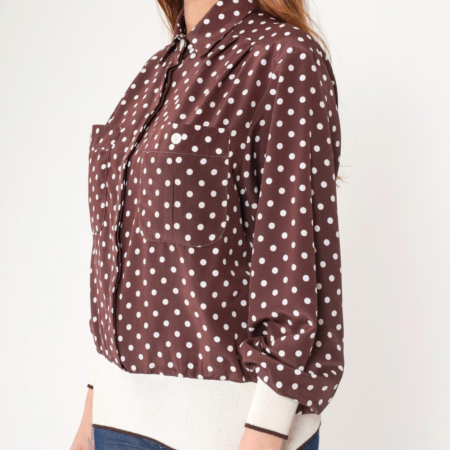 80s Brown Polka Dot Button-Up Blouse Long Sleeve Banded Hem Large