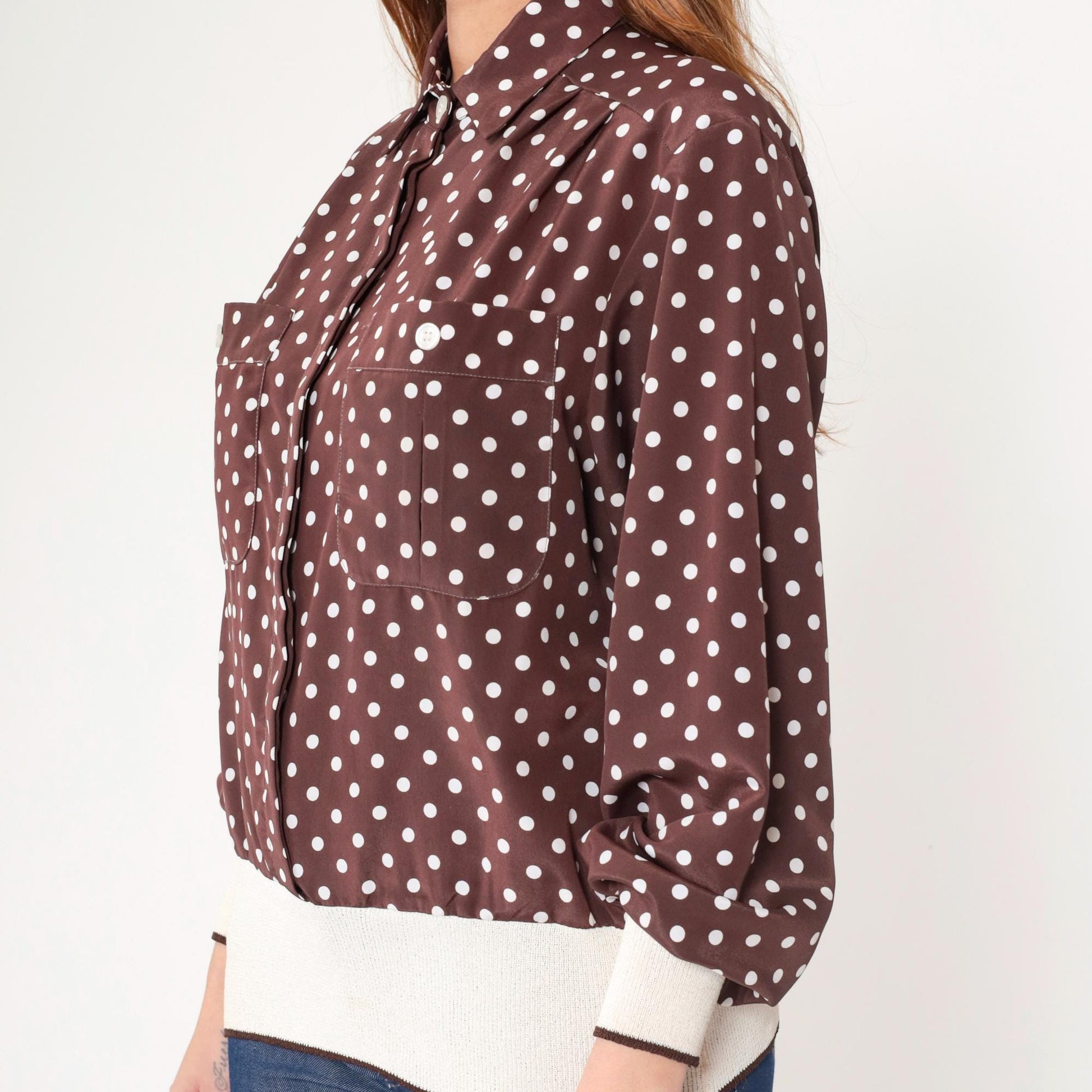 80s Brown Polka Dot Button-Up Blouse Long Sleeve Banded Hem Large