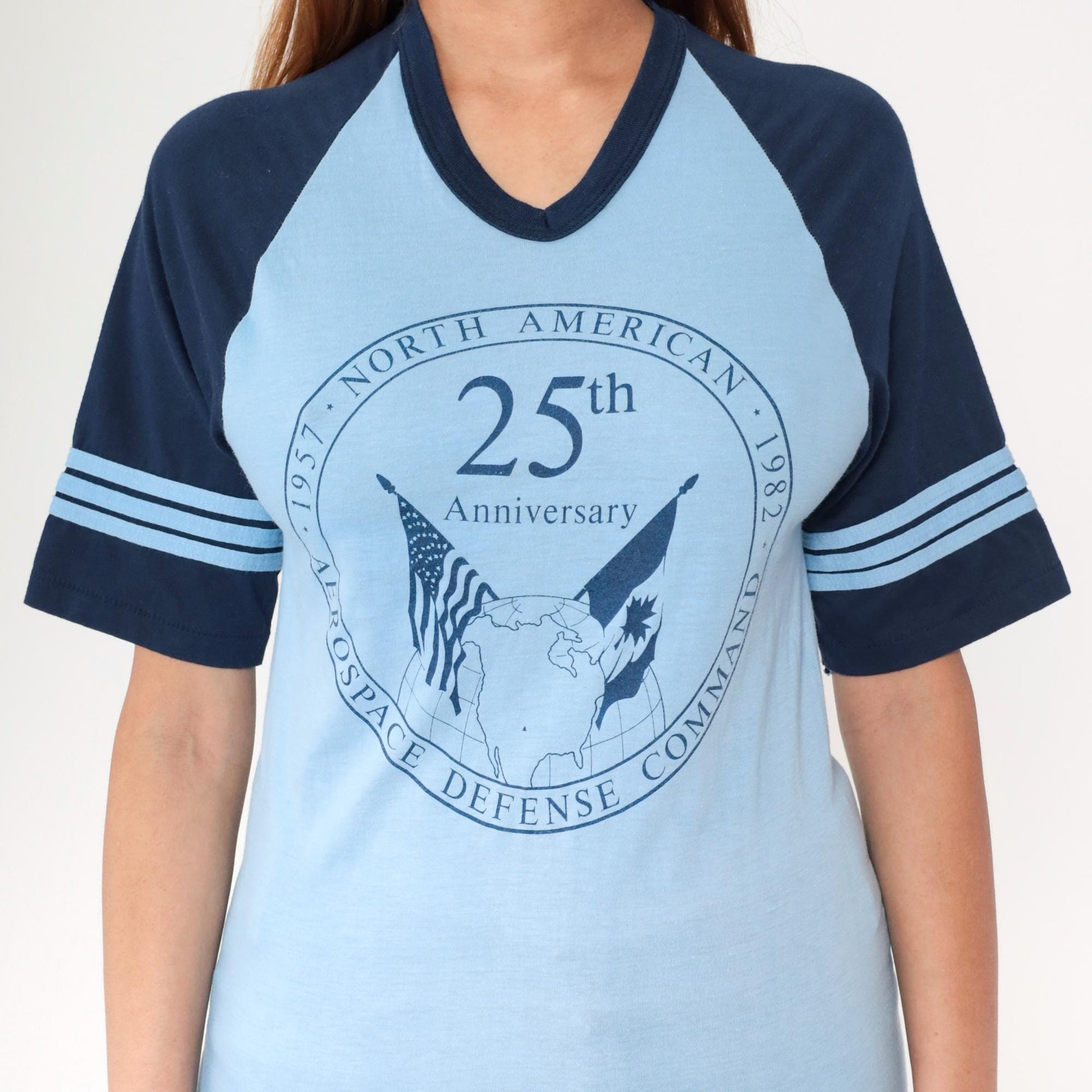 80s NORAD 1982 Anniversary Ringer T-Shirt Blue Graphic Tee Small