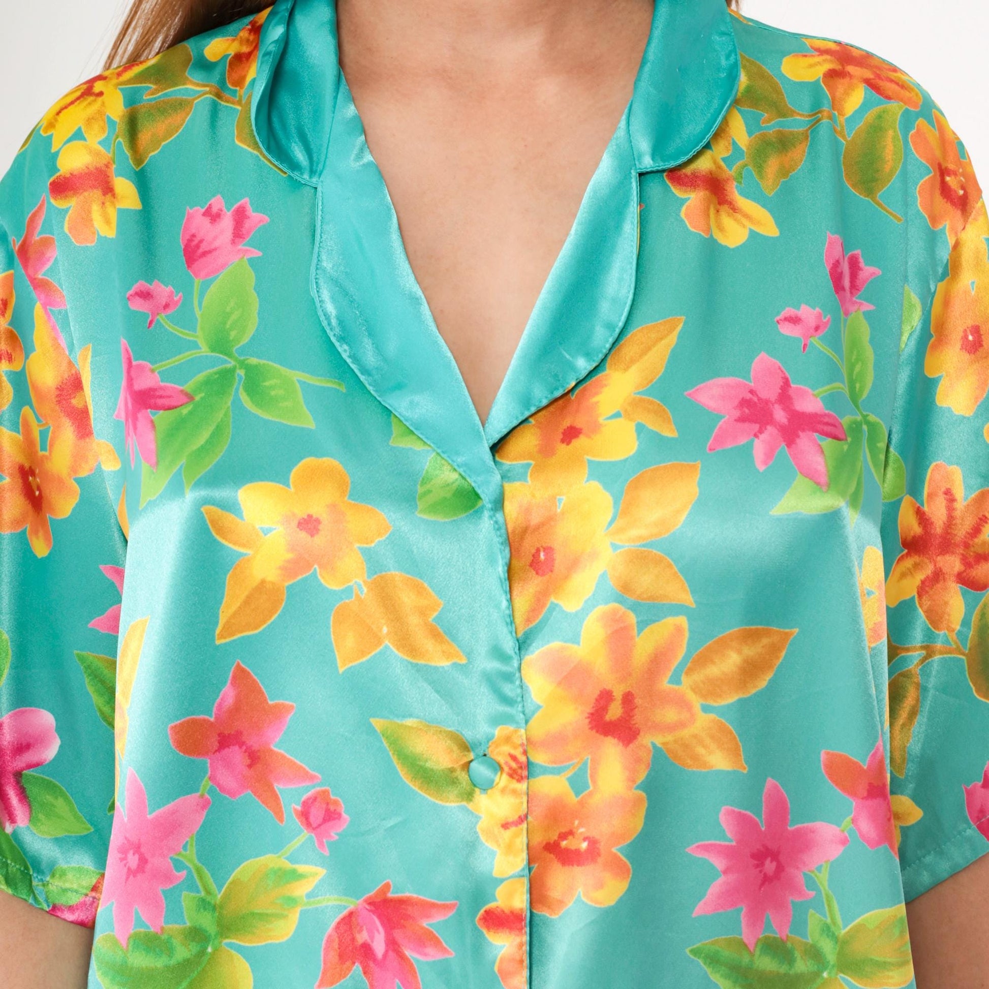 90s Victoria's Secret Aqua Floral Satin Nightgown Button-Up Mini Medium M