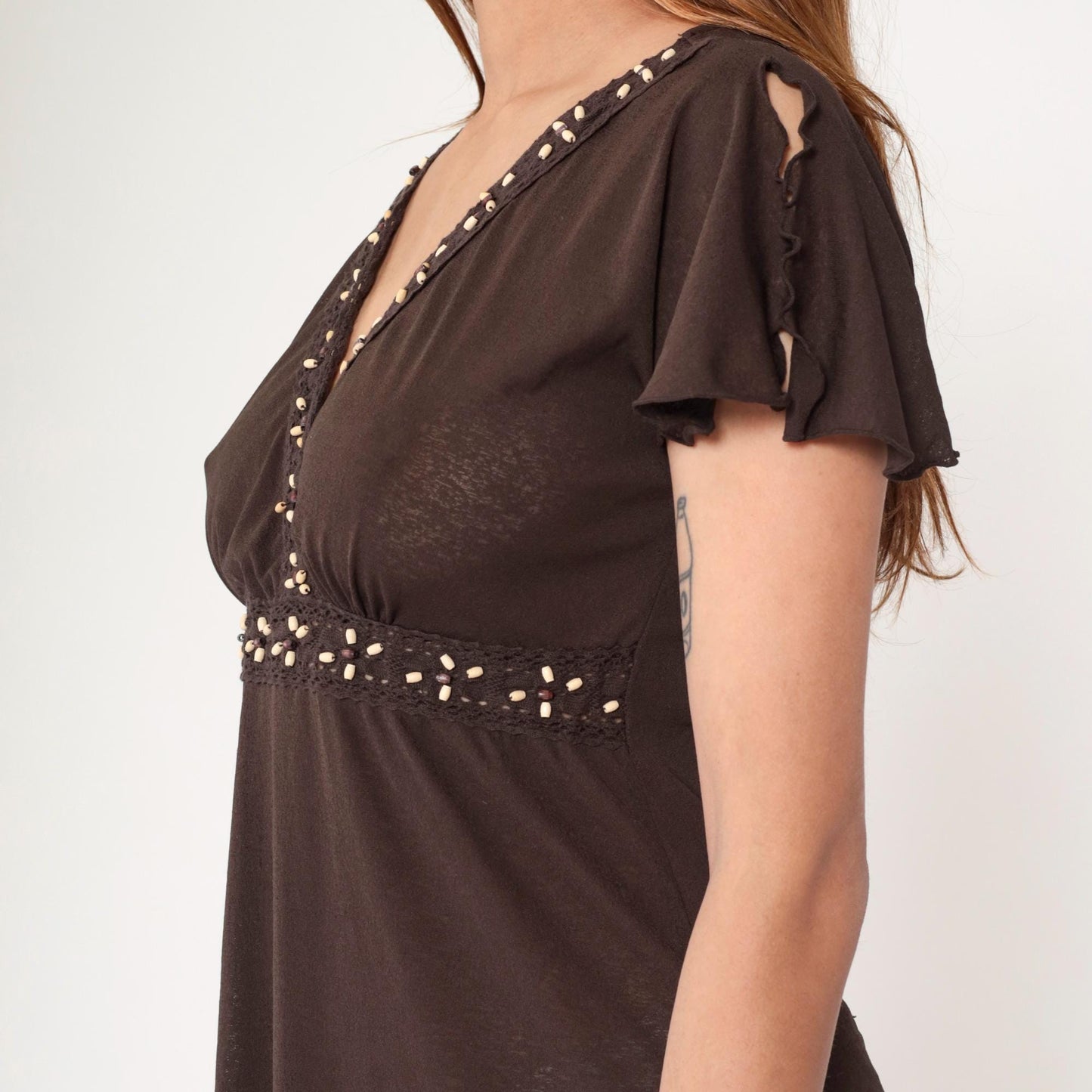 Y2K Style & Co Brown Burnout Babydoll Mini Dress Beaded Flutter Sleeve Small